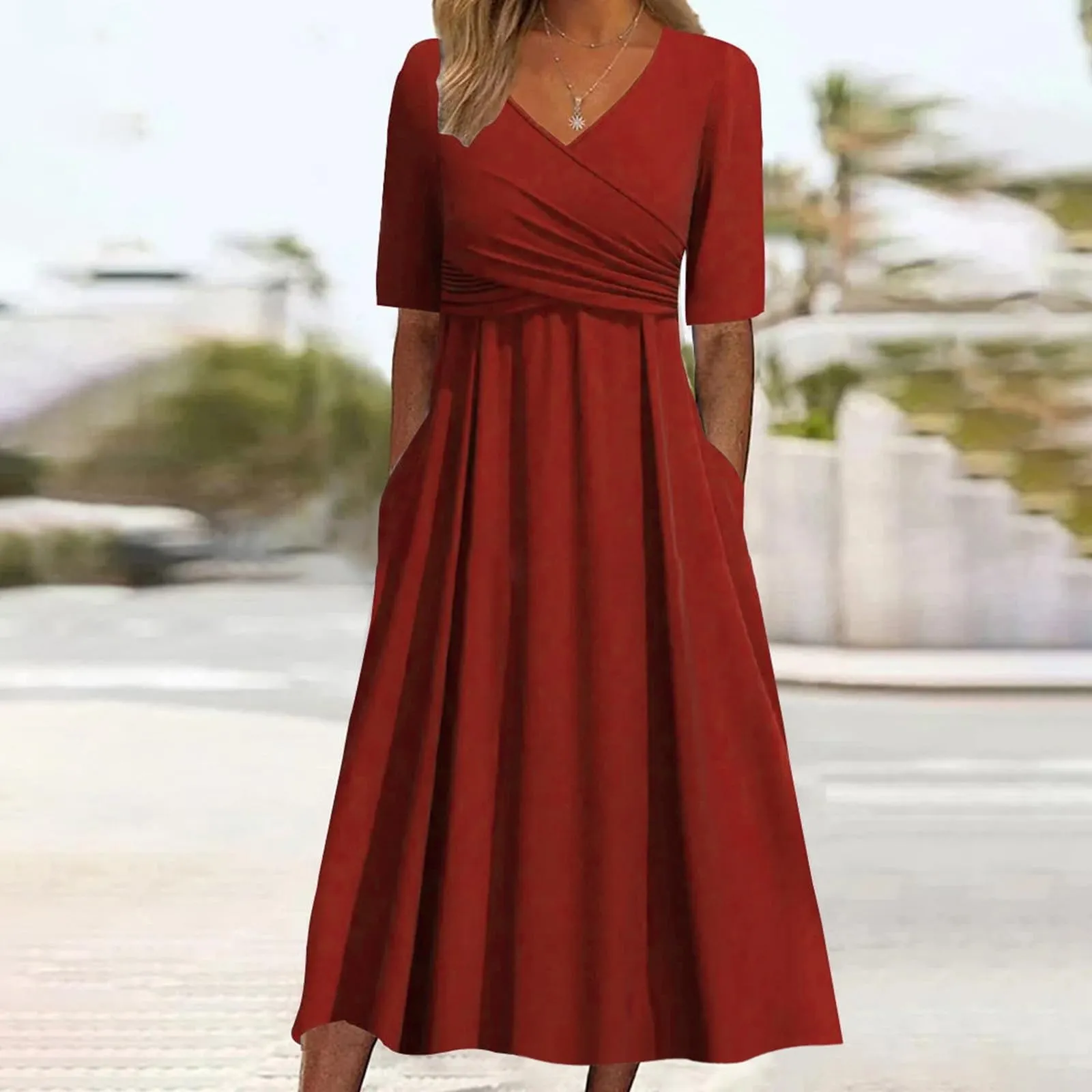 Abiti estivi da donna UK con scollo a V pieghettato abito casual vestibilità ampia manica corta spiaggia gonna lunga fluida abiti larghi abito estivo da donna, Rosso, 3XL - immagine 2