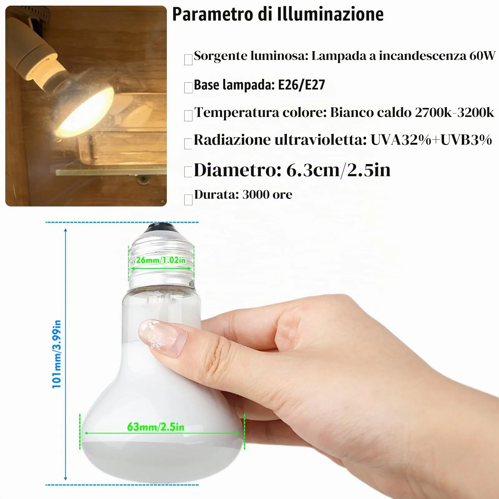 LedWekei 2 pezzi Lampada riscaldante per tartarughe, terrario, 60 W, UVA/UVB, per rettili, con attacco E27, adatta per tartarughe, draghi barbuti, lucertole e serpenti - immagine 4