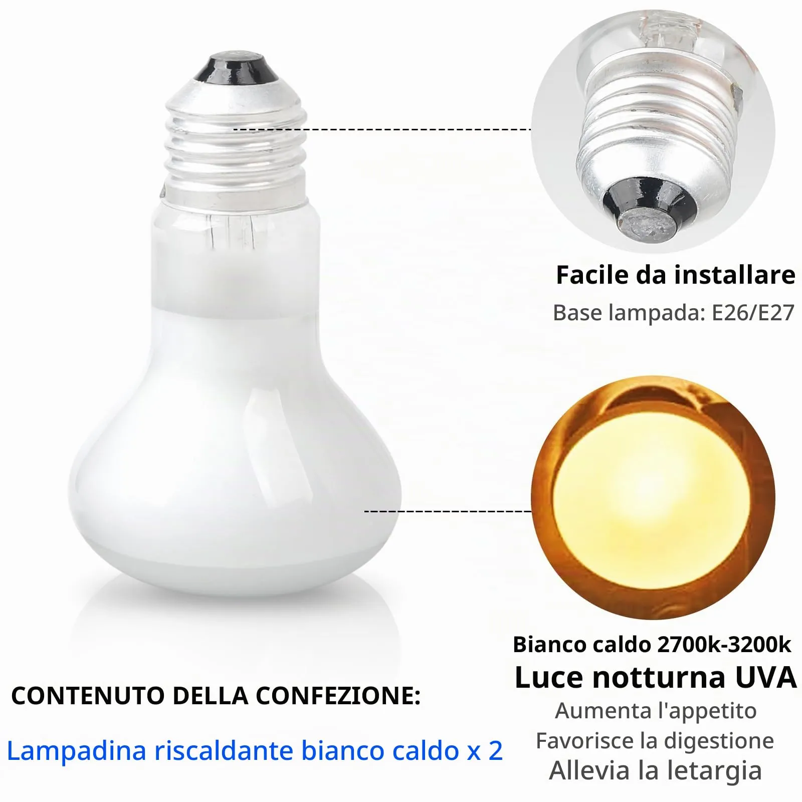 LedWekei 2 pezzi Lampada riscaldante per tartarughe, terrario, 60 W, UVA/UVB, per rettili, con attacco E27, adatta per tartarughe, draghi barbuti, lucertole e serpenti - immagine 6