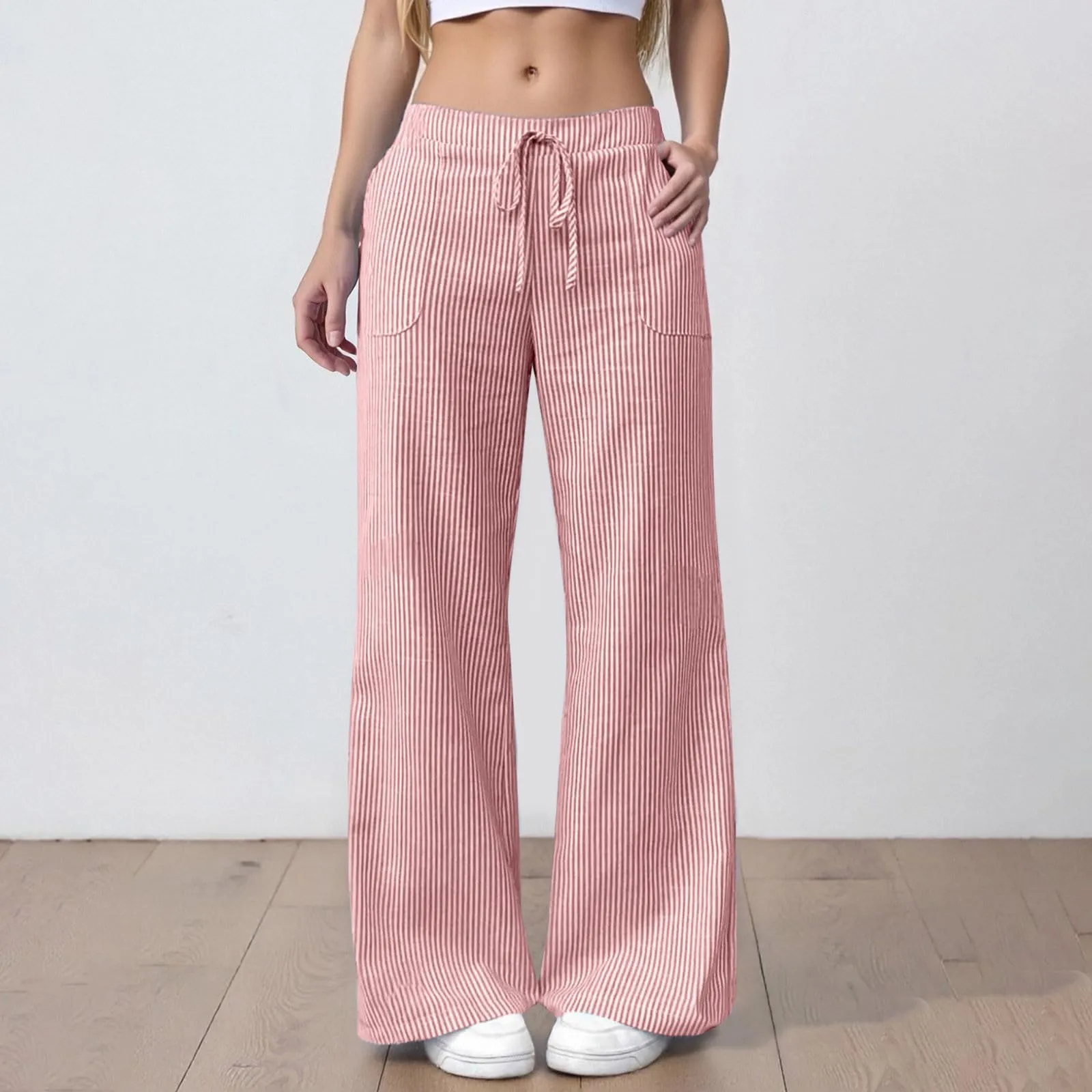 Pantaloni Sportivi Donna, Pantalone Donna Comodo,Casual in Lino a Righe Comodi e Morbidi per Il Tempo Libero e la Casa con Taglio Largo e Design Moderno - immagine 2