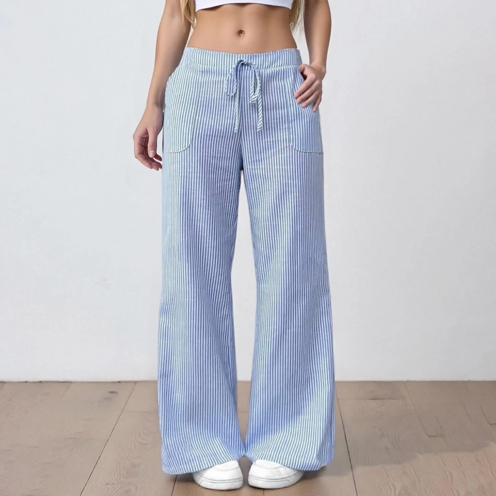 Pantaloni Sportivi Donna, Pantalone Donna Comodo,Casual in Lino a Righe Comodi e Morbidi per Il Tempo Libero e la Casa con Taglio Largo e Design Moderno - immagine 2