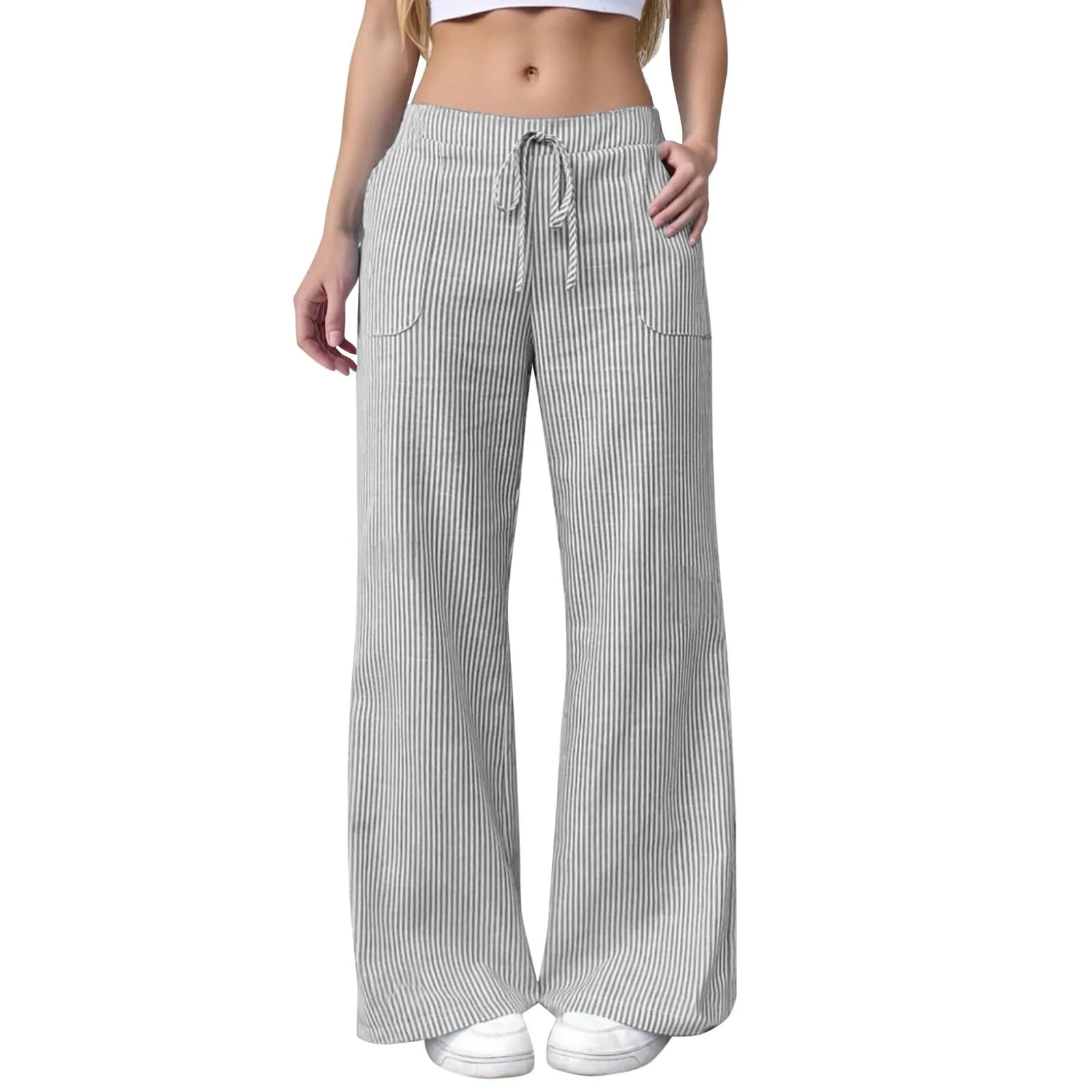 Pantaloni Sportivi Donna, Pantalone Donna Comodo,Casual in Lino a Righe Comodi e Morbidi per Il Tempo Libero e la Casa con Taglio Largo e Design Moderno - immagine 1