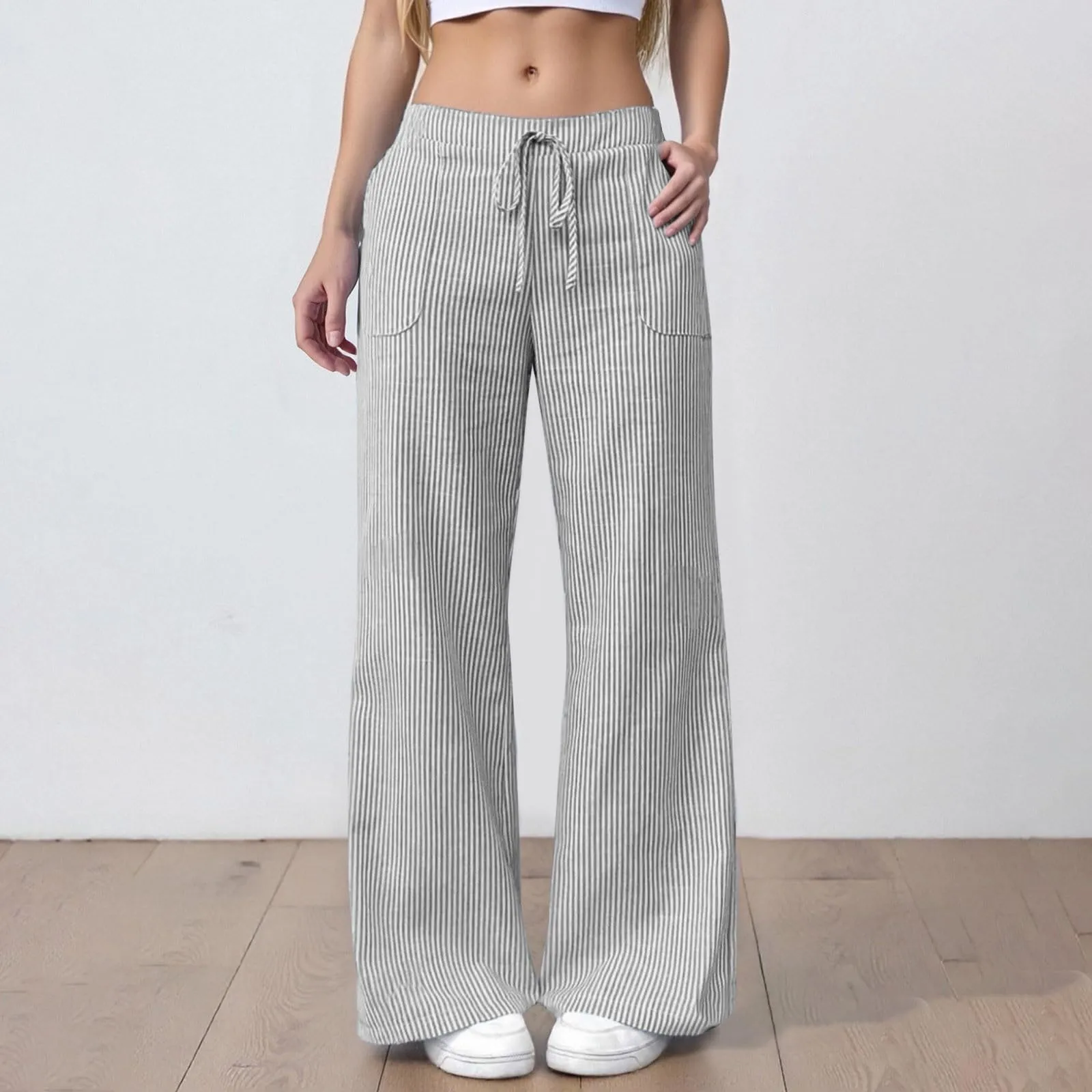 Pantaloni Sportivi Donna, Pantalone Donna Comodo,Casual in Lino a Righe Comodi e Morbidi per Il Tempo Libero e la Casa con Taglio Largo e Design Moderno - immagine 2