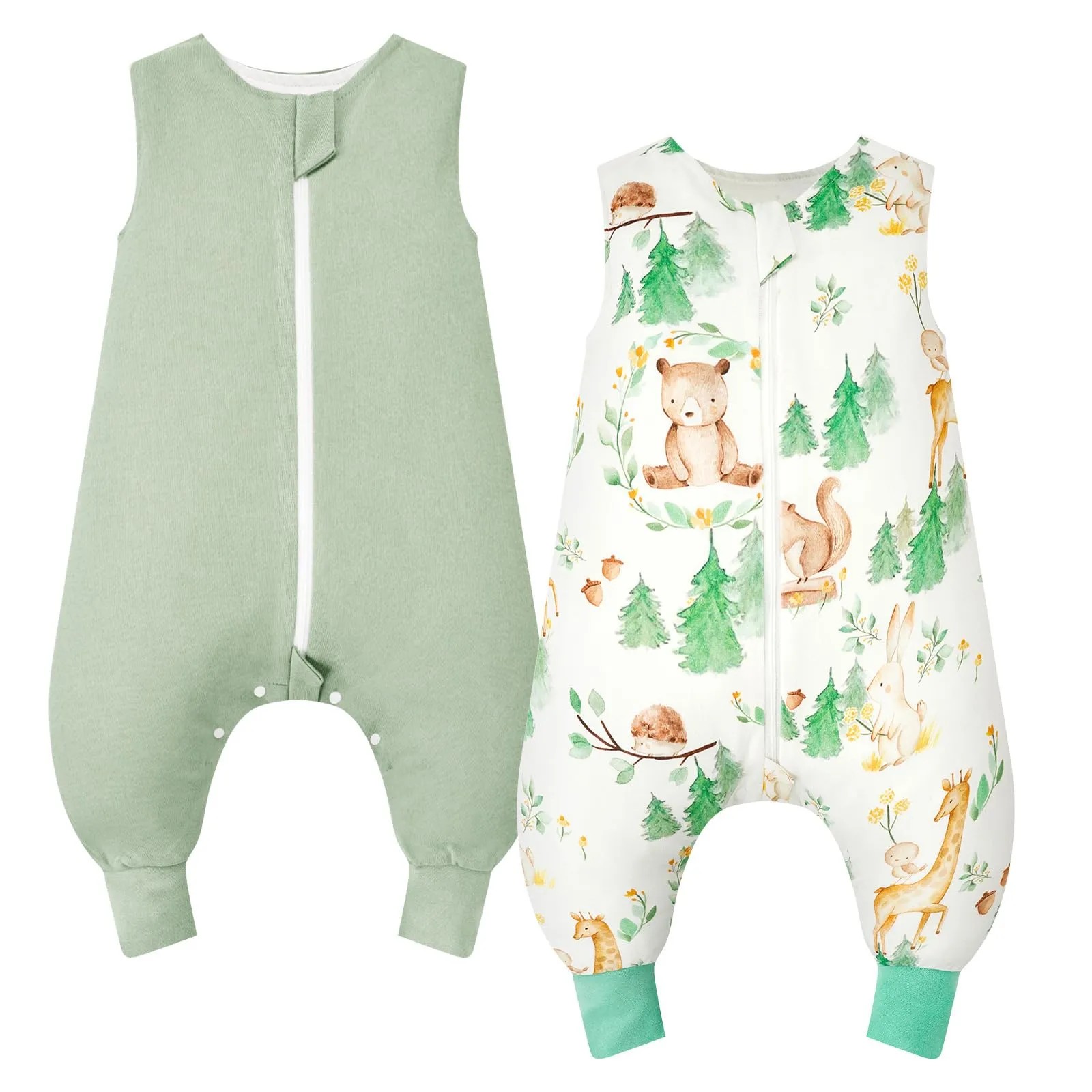 WYTbaby Sacco nanna con piedini, 1,0 Tog, in 100% cotone, senza maniche, per tutto l'anno, per bambini e bambine, motivo animali della foresta + verde chiaro, 1000 cm, 2 pezzi - immagine 1