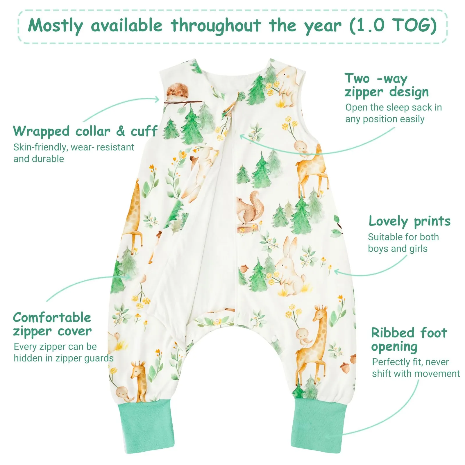 WYTbaby Sacco nanna con piedini, 1,0 Tog, in 100% cotone, senza maniche, per tutto l'anno, per bambini e bambine, motivo animali della foresta + verde chiaro, 1000 cm, 2 pezzi - immagine 2