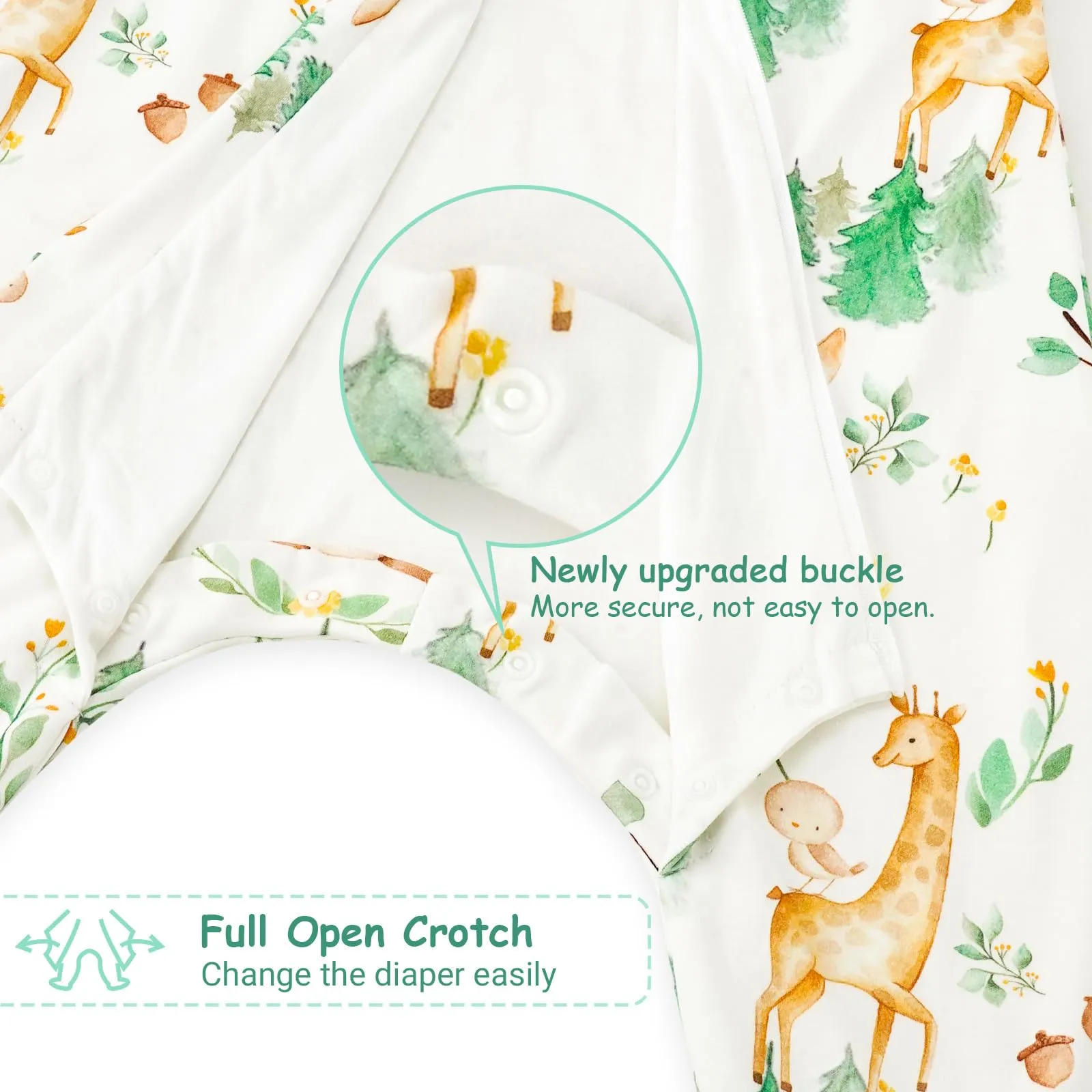 WYTbaby Sacco nanna con piedini, 1,0 Tog, in 100% cotone, senza maniche, per tutto l'anno, per bambini e bambine, motivo animali della foresta + verde chiaro, 1000 cm, 2 pezzi - immagine 4