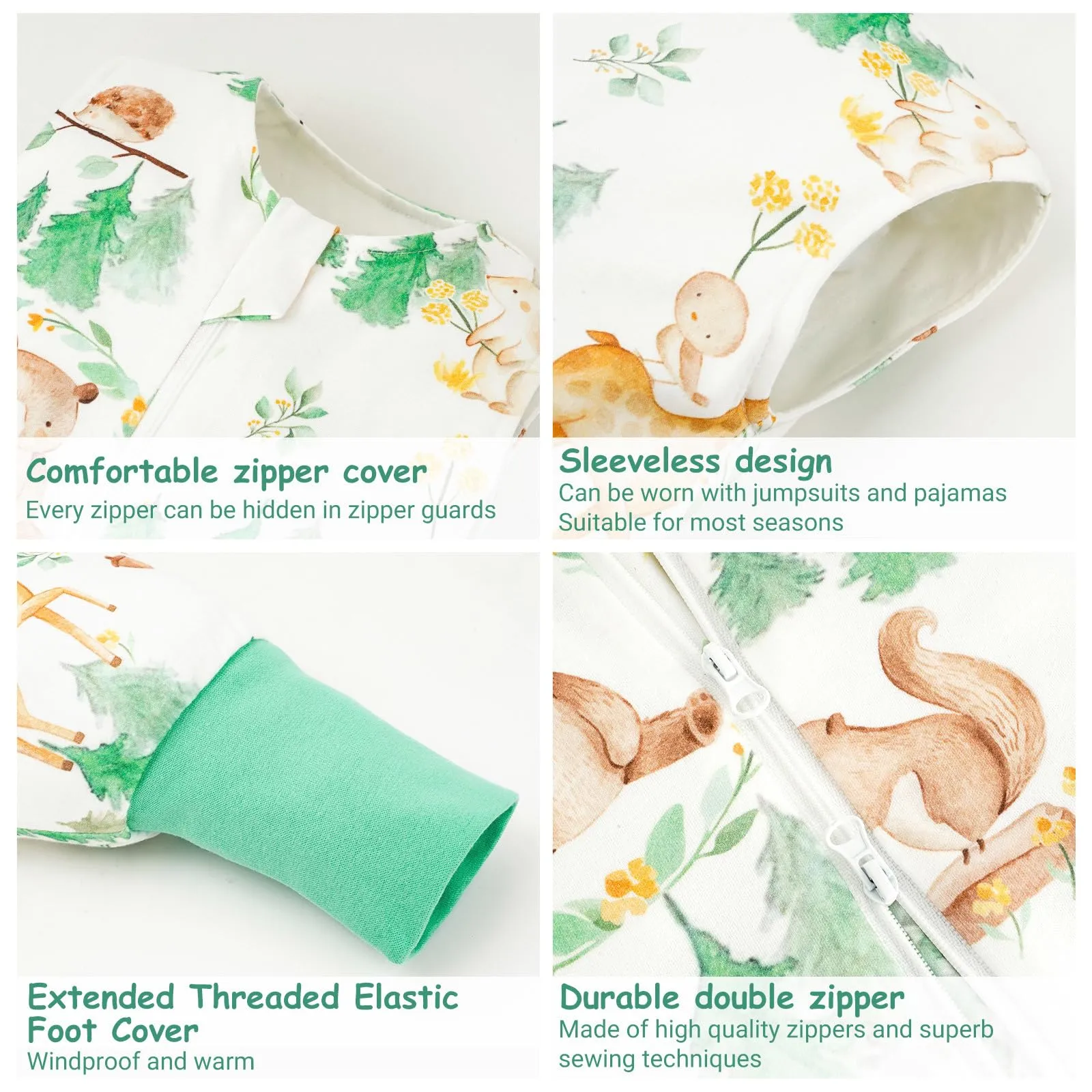 WYTbaby Sacco nanna con piedini, 1,0 Tog, in 100% cotone, senza maniche, per tutto l'anno, per bambini e bambine, motivo animali della foresta + verde chiaro, 1000 cm, 2 pezzi - immagine 5