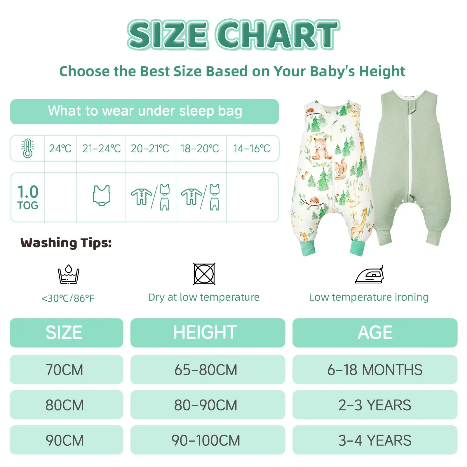 WYTbaby Sacco nanna con piedini, 1,0 Tog, in 100% cotone, senza maniche, per tutto l'anno, per bambini e bambine, motivo animali della foresta + verde chiaro, 1000 cm, 2 pezzi - immagine 6