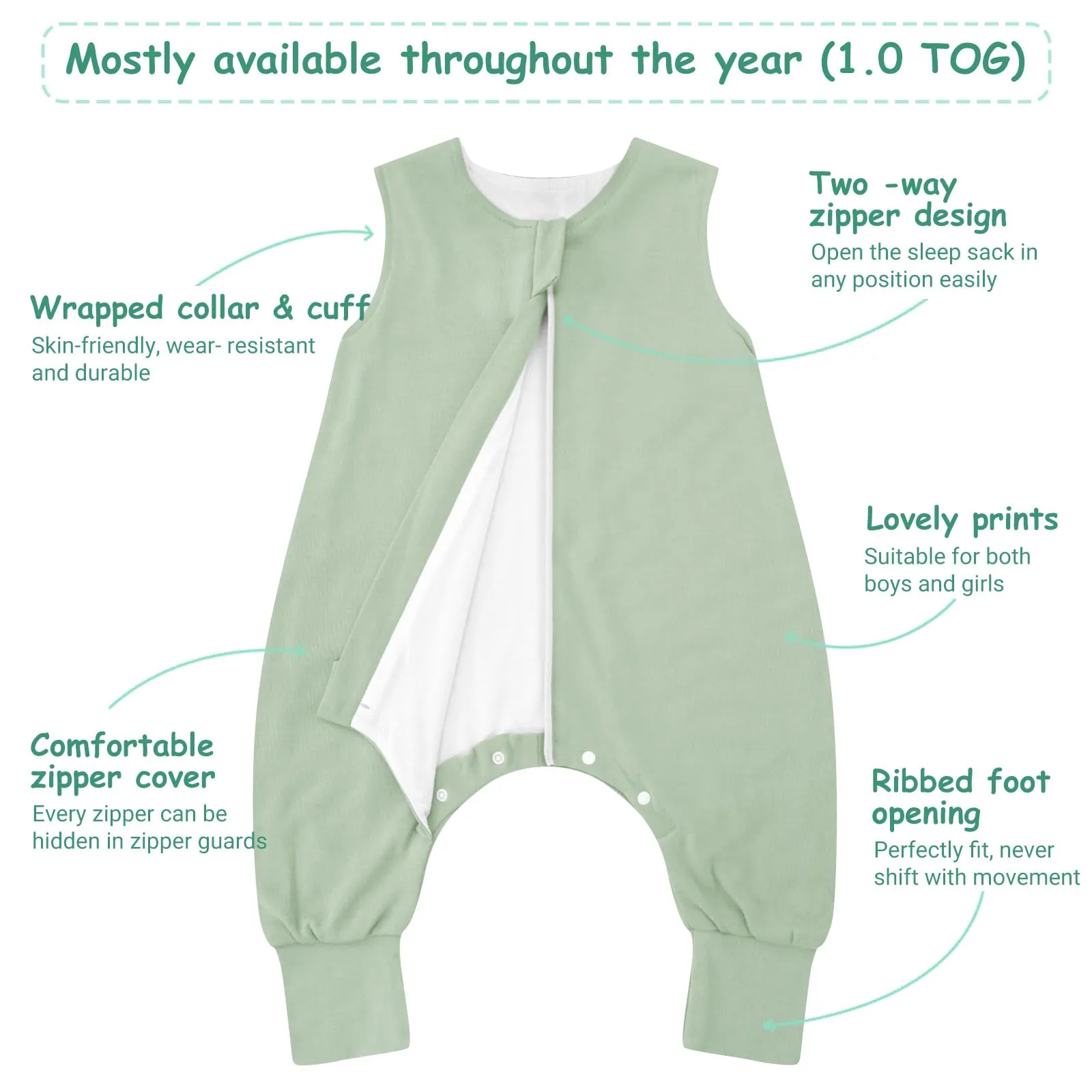 WYTbaby Sacco nanna con piedini, 1,0 Tog, in 100% cotone, senza maniche, per tutto l'anno, per bambini e bambine, motivo animali della foresta + verde chiaro, 1000 cm, 2 pezzi - immagine 8