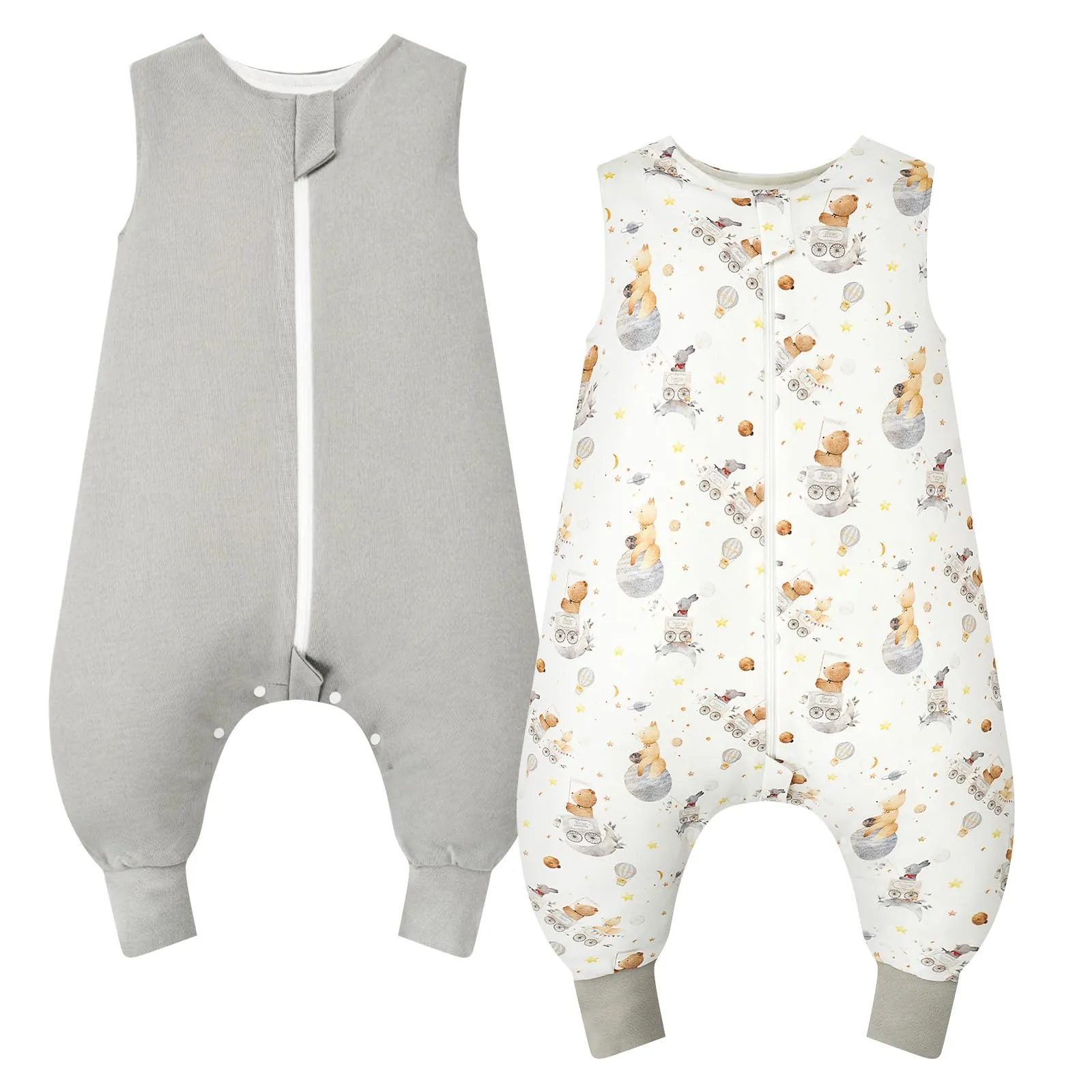 WYTbaby Confezione da 2 sacchi nanna con gambe, polsini pieghevoli, coperta indossabile in 100% cotone, sacco a pelo Walker, cerniera frontale, 4-6 years - immagine 1
