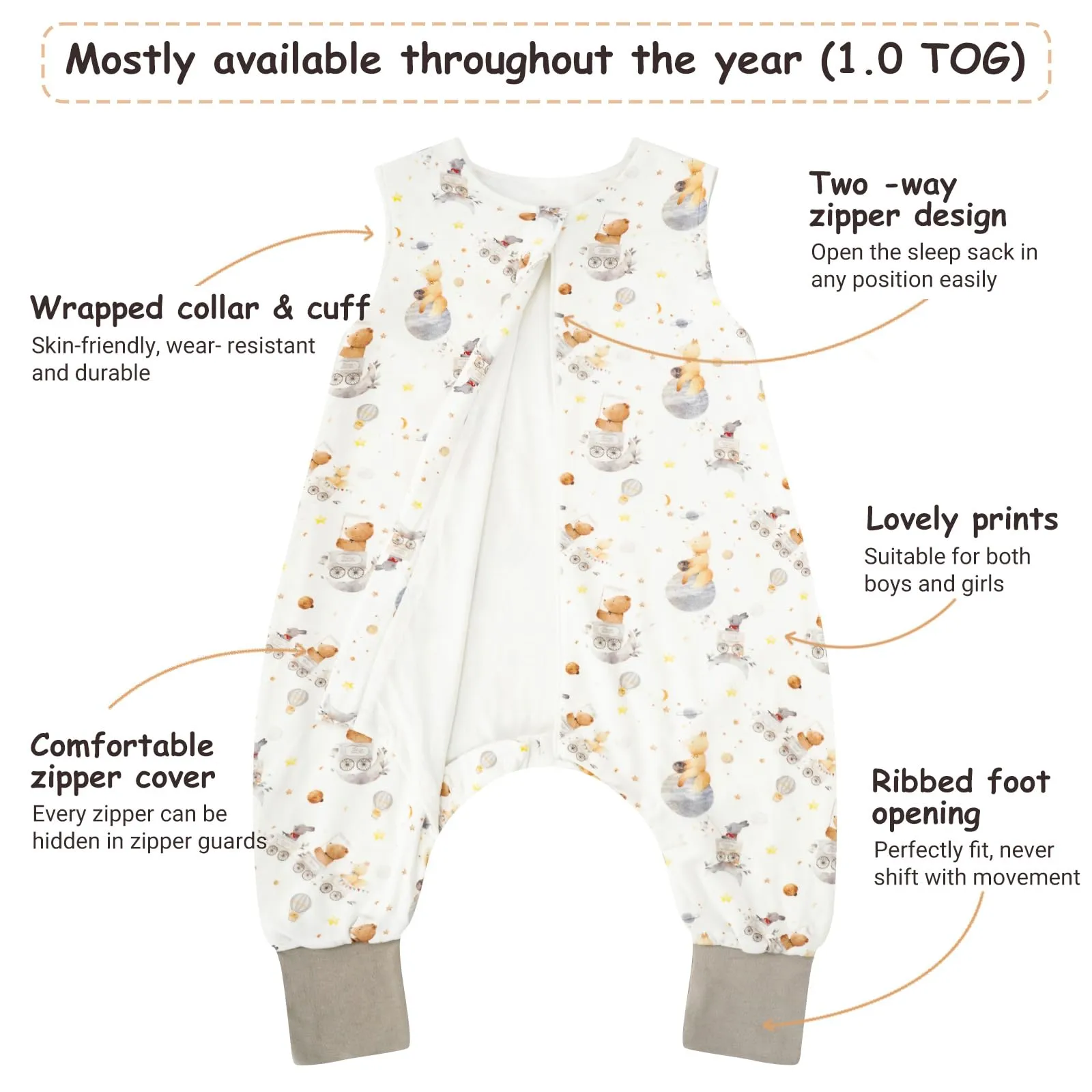 WYTbaby Confezione da 2 sacchi nanna con gambe, polsini pieghevoli, coperta indossabile in 100% cotone, sacco a pelo Walker, cerniera frontale, 4-6 years - immagine 2