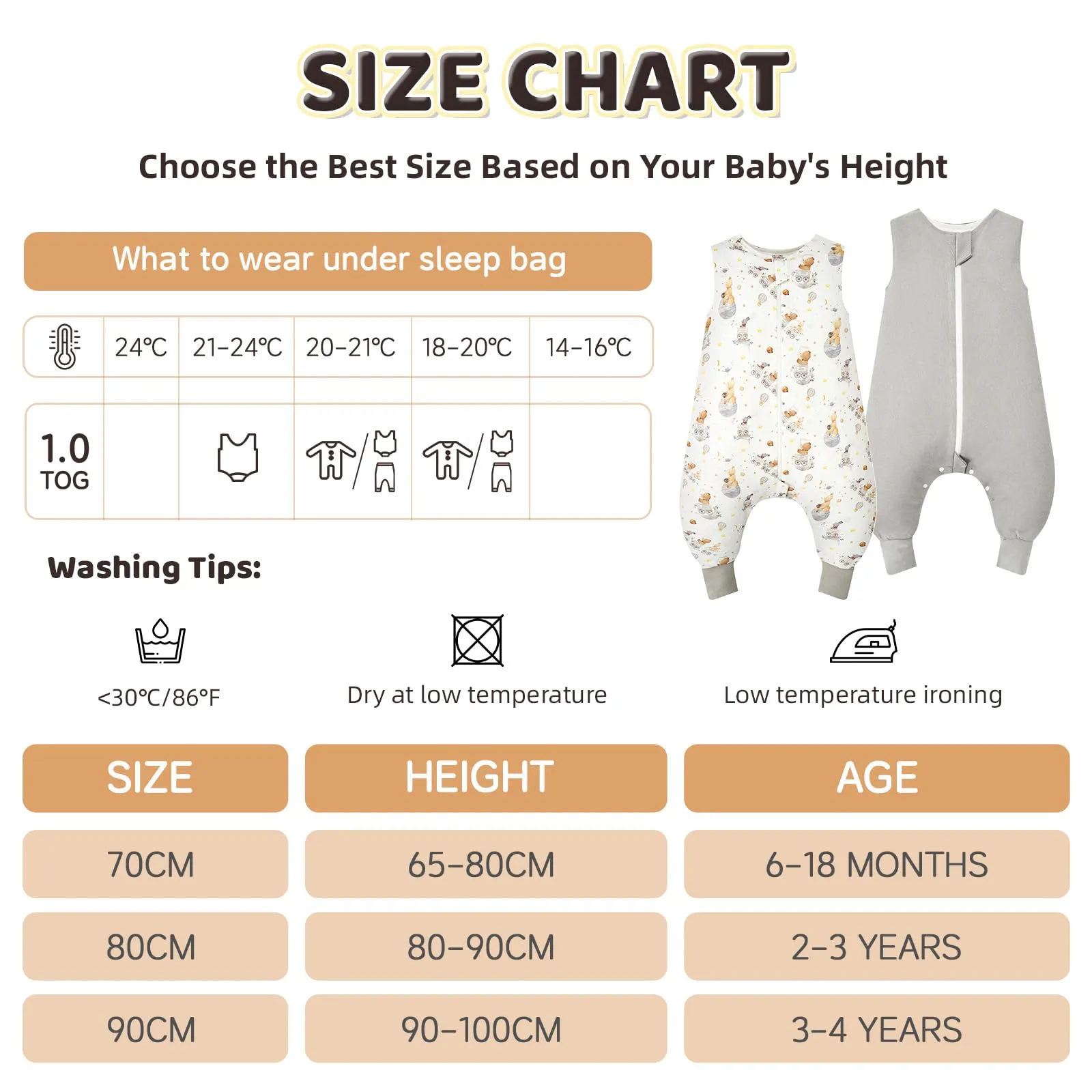WYTbaby Confezione da 2 sacchi nanna con gambe, polsini pieghevoli, coperta indossabile in 100% cotone, sacco a pelo Walker, cerniera frontale, 4-6 years - immagine 6