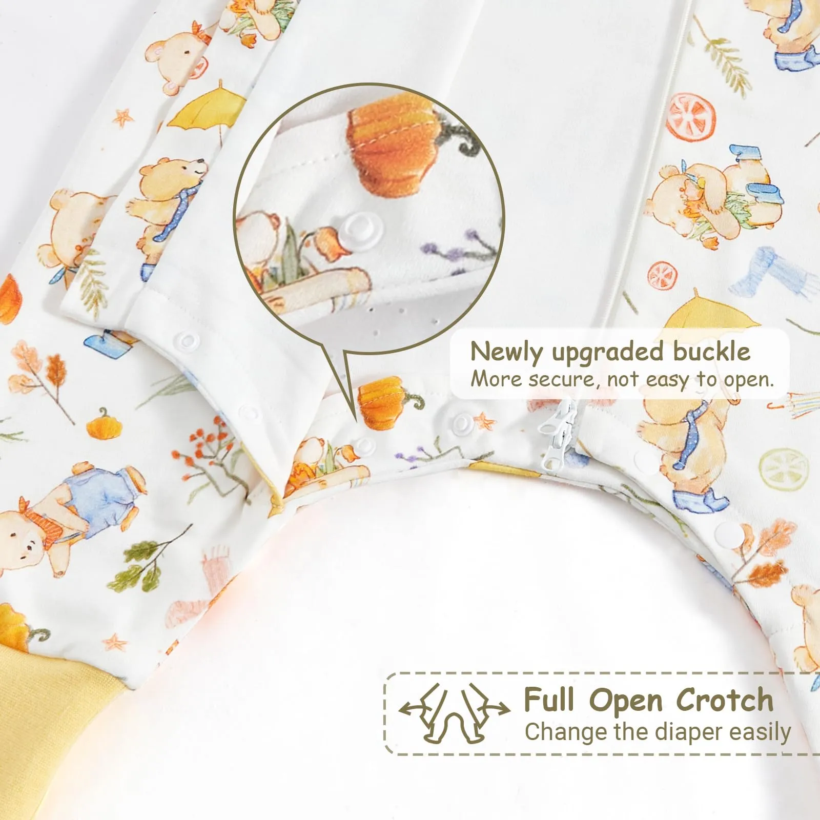 WYTbaby Sacco nanna con piedini, 1,0 Tog, in 100% cotone, senza maniche, per tutto l'anno, per bambini e bambine, 2 pezzi, giallo + orso, 100 cm - immagine 3