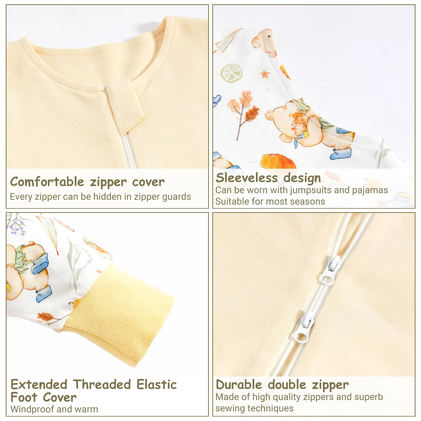 WYTbaby Sacco nanna con piedini, 1,0 Tog, in 100% cotone, senza maniche, per tutto l'anno, per bambini e bambine, 2 pezzi, giallo + orso, 100 cm - immagine 4