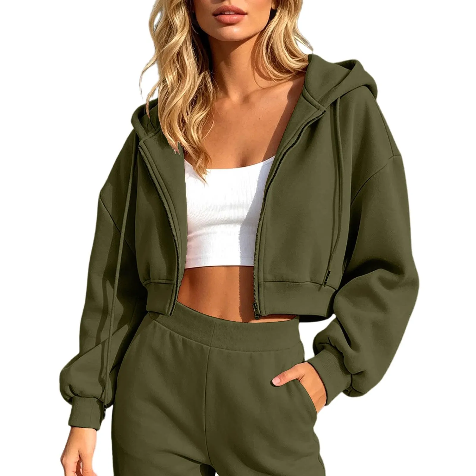 Generico Felpa Crop Donna - con Zip E Cappuccio Leggera Corta Intera Cappuccio Oversize Maniche a Lanterna Tessuto Morbido Leggero per Primavera Palestra Casa Uscite Quotidiane - immagine 1