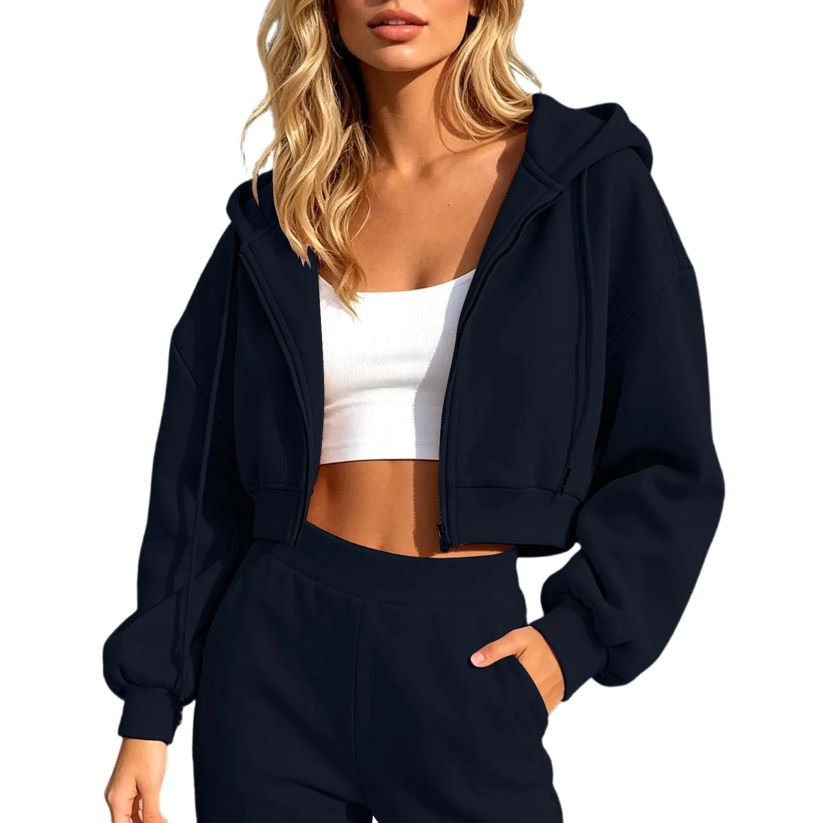 Generico Felpa Crop Donna - con Zip E Cappuccio Leggera Corta Intera Cappuccio Oversize Maniche a Lanterna Tessuto Morbido Leggero per Primavera Palestra Casa Uscite Quotidiane - immagine 1