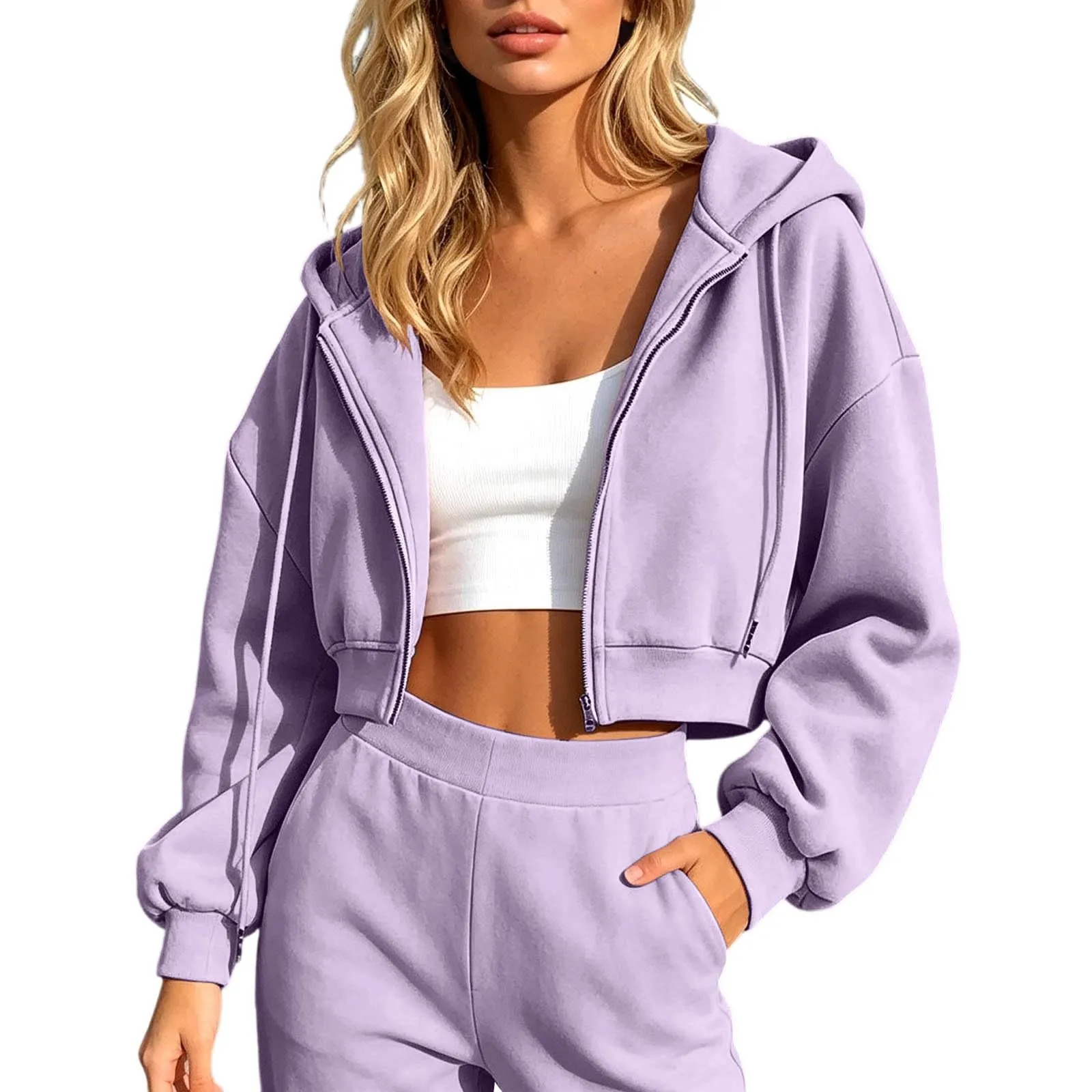 Generico Felpa Crop Donna - con Zip E Cappuccio Leggera Corta Intera Cappuccio Oversize Maniche a Lanterna Tessuto Morbido Leggero per Primavera Palestra Casa Uscite Quotidiane - immagine 2