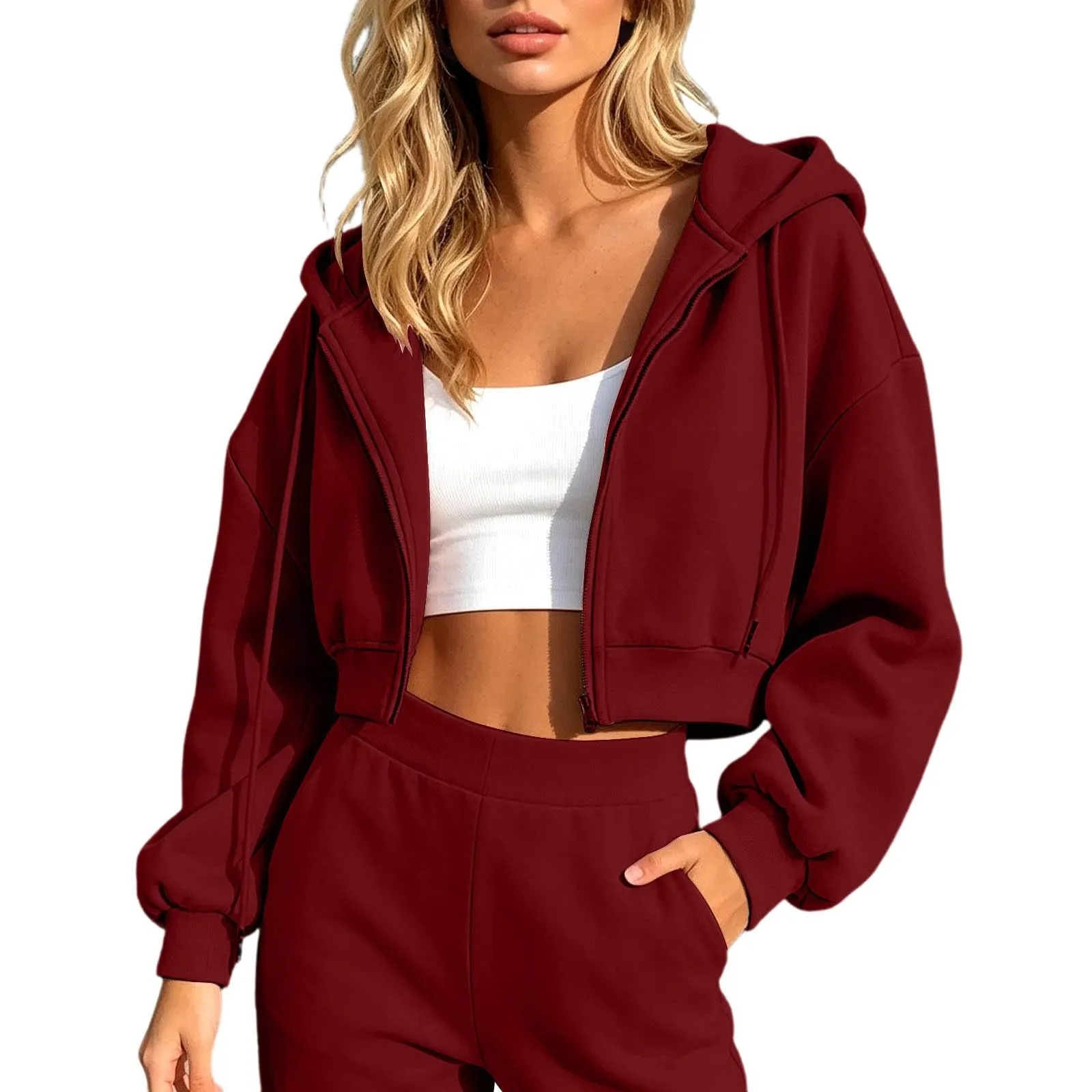 Generico Felpa Crop Donna - con Zip E Cappuccio Leggera Corta Intera Cappuccio Oversize Maniche a Lanterna Tessuto Morbido Leggero per Primavera Palestra Casa Uscite Quotidiane - immagine 2