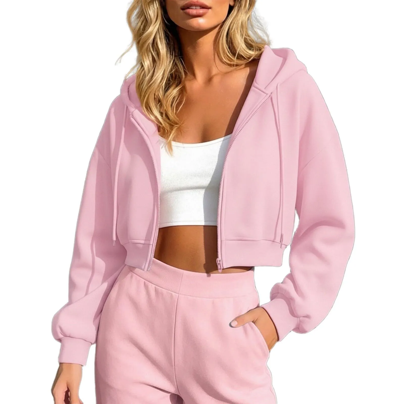 Generico Felpa Crop Donna - con Zip E Cappuccio Leggera Corta Intera Cappuccio Oversize Maniche a Lanterna Tessuto Morbido Leggero per Primavera Palestra Casa Uscite Quotidiane - immagine 2