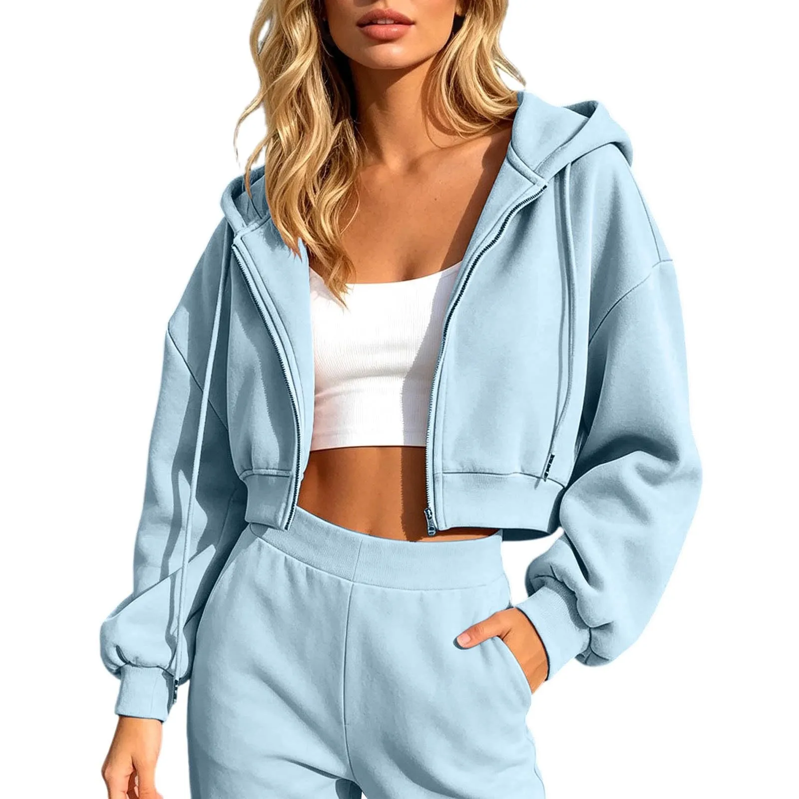 Generico Felpa Crop Donna - con Zip E Cappuccio Leggera Corta Intera Cappuccio Oversize Maniche a Lanterna Tessuto Morbido Leggero per Primavera Palestra Casa Uscite Quotidiane - immagine 1