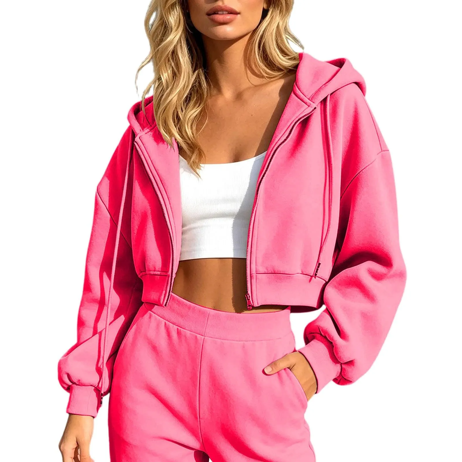 Generico Felpa Crop Donna - con Zip E Cappuccio Leggera Corta Intera Cappuccio Oversize Maniche a Lanterna Tessuto Morbido Leggero per Primavera Palestra Casa Uscite Quotidiane - immagine 2