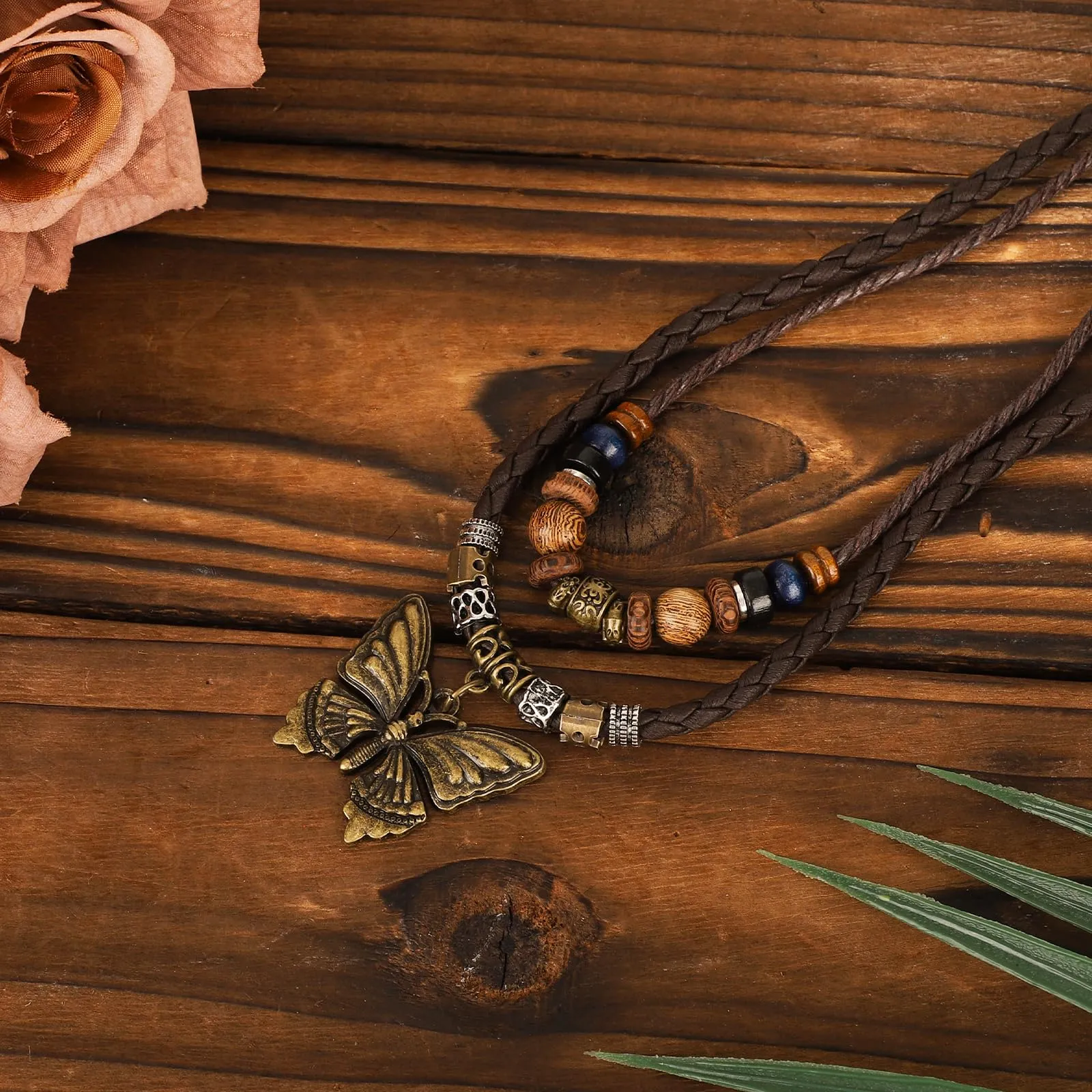 Mikovivi Collana Perline Legno Bohémien, Collana con Ciondolo Farfalla - immagine 3