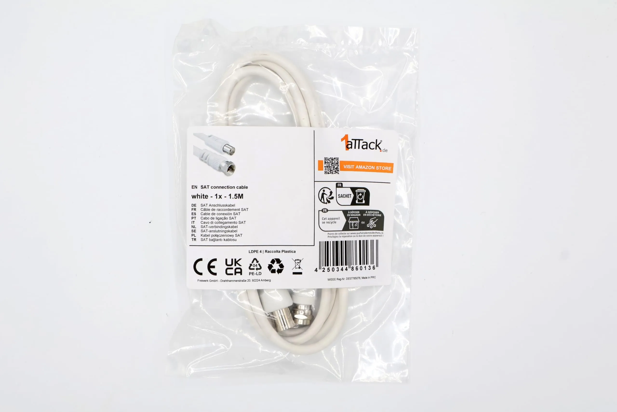 1aTTack.de - Cavo per antenna con connettore coassiale F da maschio a femmina, a doppia, tripla o quadrupla schermatura, 75/85 / 100/110 / 120/125 db - immagine 2