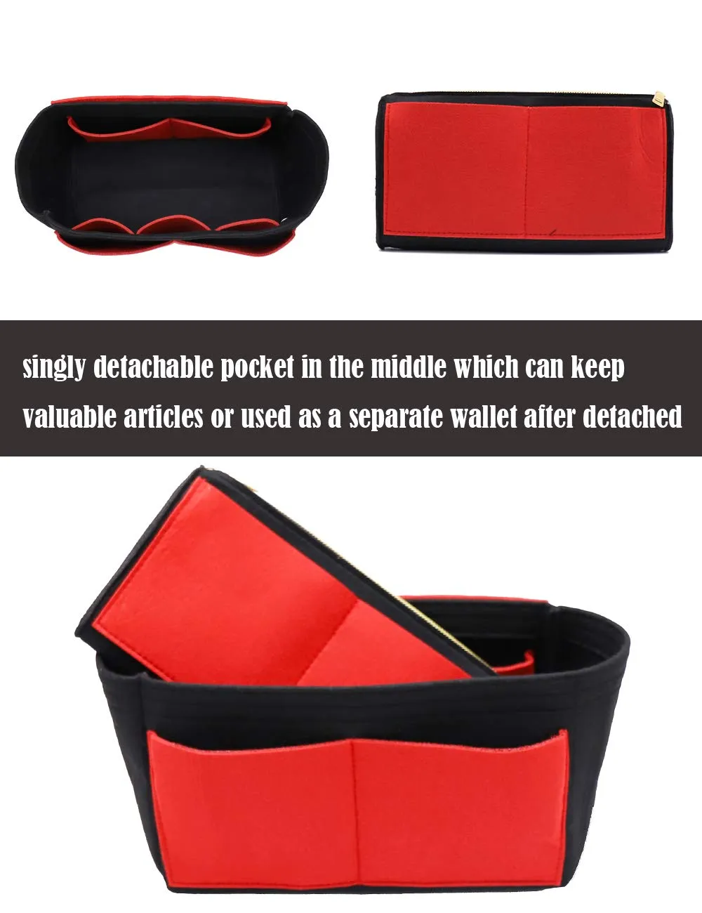 LEXSION, Organizer per borse in feltro, con cerniera, adatto per borse tote Speedy, Neverful, PM, MM, Nero e rosso., Large - immagine 2