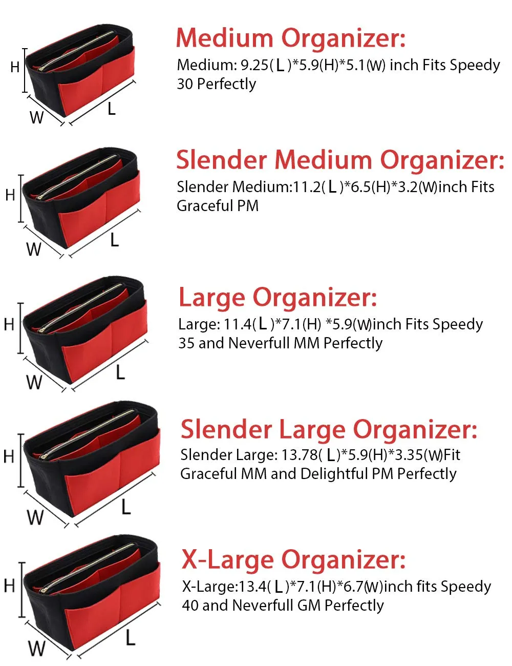 LEXSION, Organizer per borse in feltro, con cerniera, adatto per borse tote Speedy, Neverful, PM, MM, Nero e rosso., Large - immagine 6