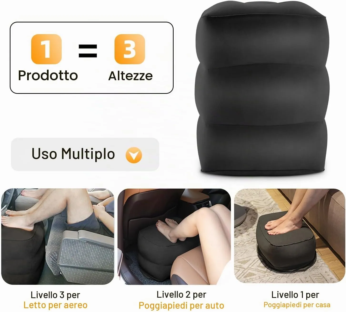 Maliton Poggiapiedi, poggiapiedi gonfiabile per aereo, cuscino da viaggio per bambini, altezza regolabile, poggiagambe per auto, treno, ufficio, pieghevole e portatile da viaggio (nero, 1 pezzo) - immagine 2
