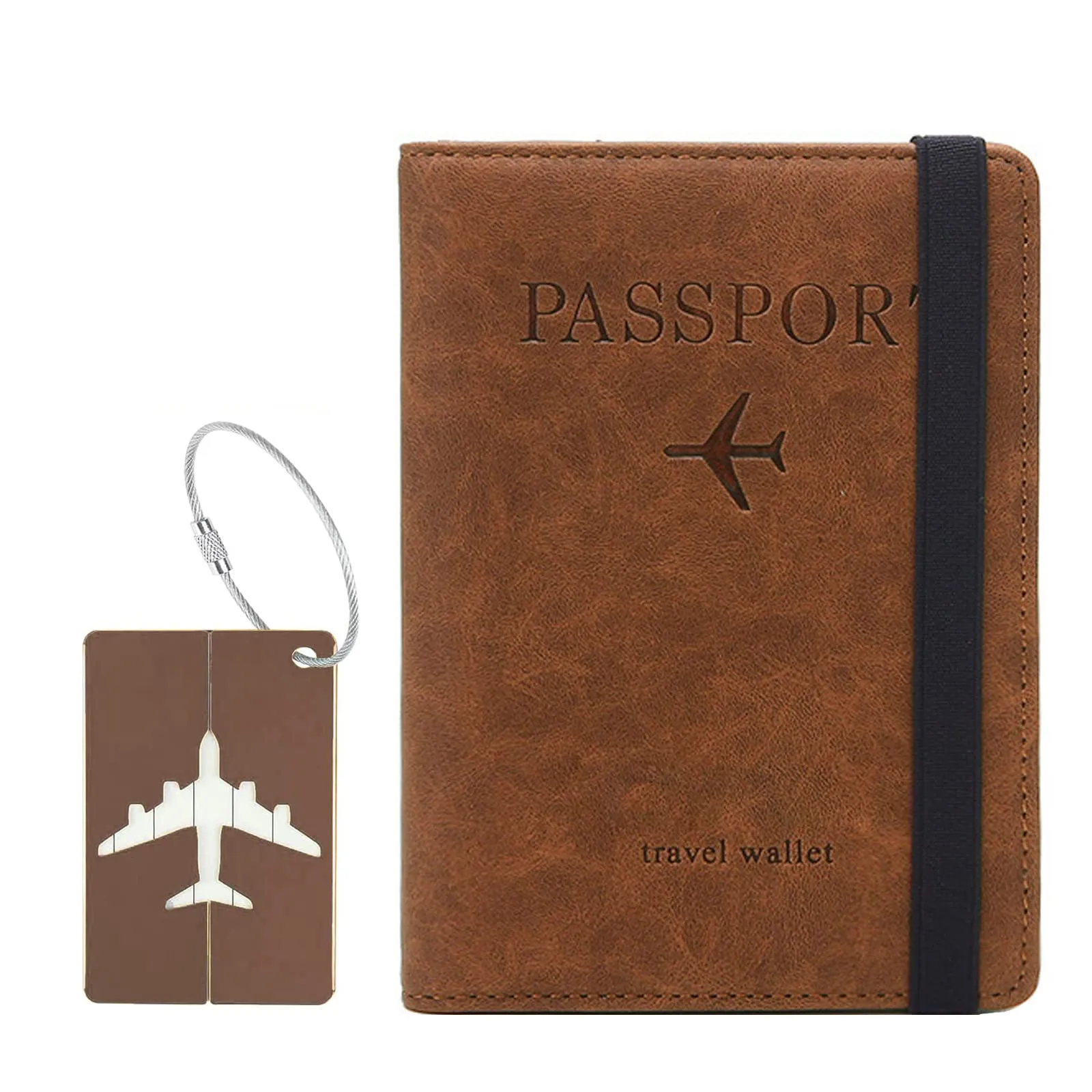 Custodia per Passaporto con Etichetta per Bagaglio, Custodia per Passaporto con Blocco RFID, Custodia Protettiva per Carte di Credito, Porta Carte, D'identità e Documenti di Viaggio(Marrone) - immagine 1