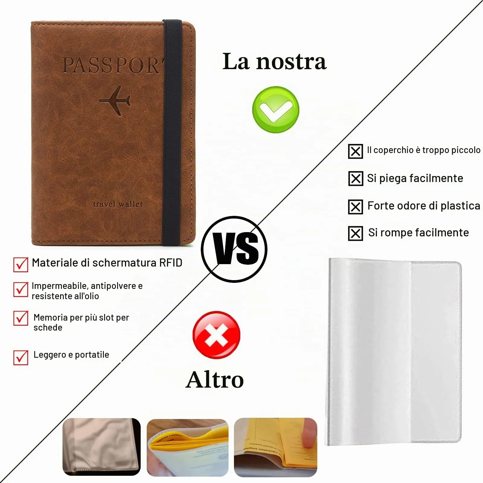 Custodia per Passaporto con Etichetta per Bagaglio, Custodia per Passaporto con Blocco RFID, Custodia Protettiva per Carte di Credito, Porta Carte, D'identità e Documenti di Viaggio(Marrone) - immagine 3