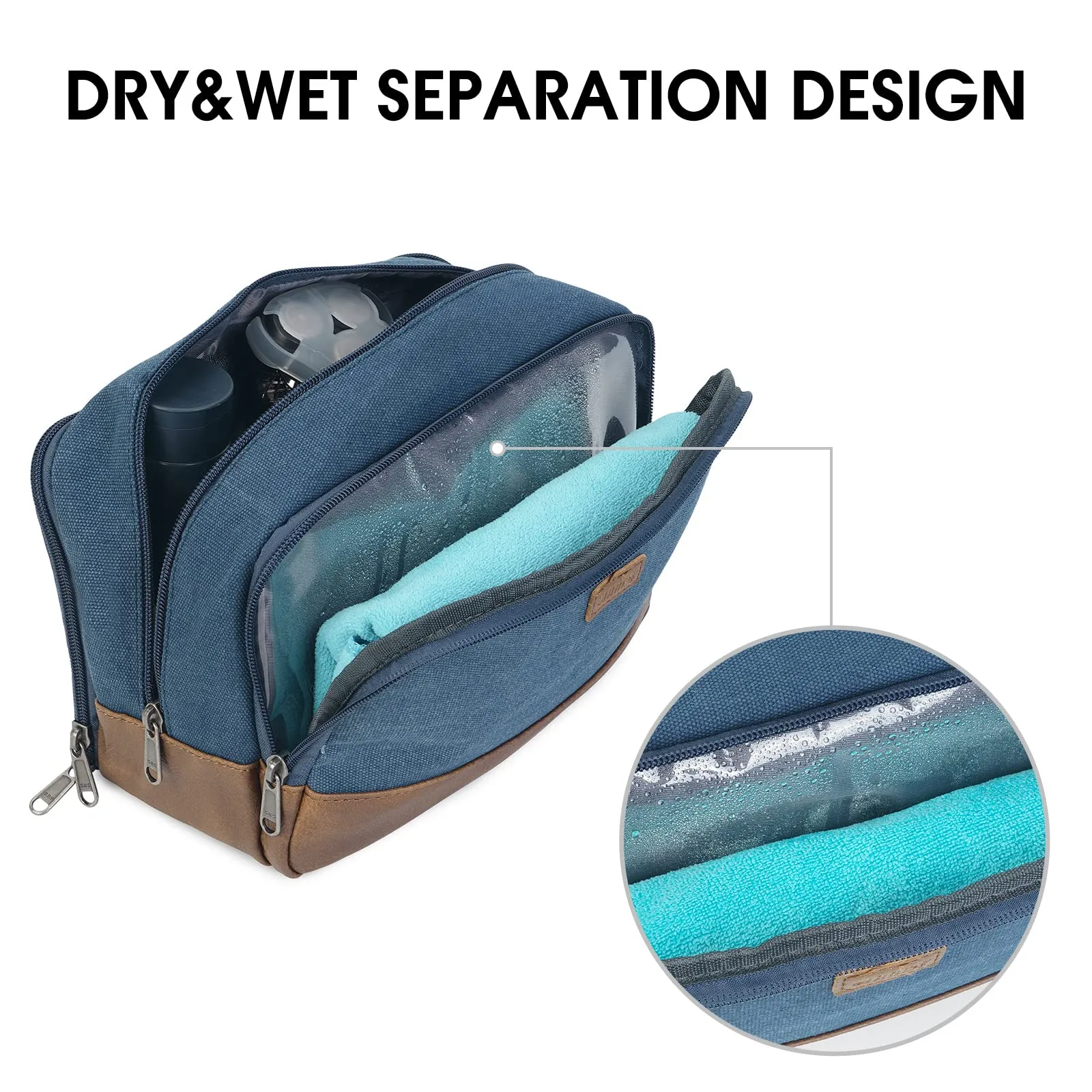 WANDF Beauty Case Uomo da Viaggio – Borsa da Toilette Impermeabile Organizer Capiente per Accessori da Barba e Igiene, con Manico Laterale (Blu) - immagine 2