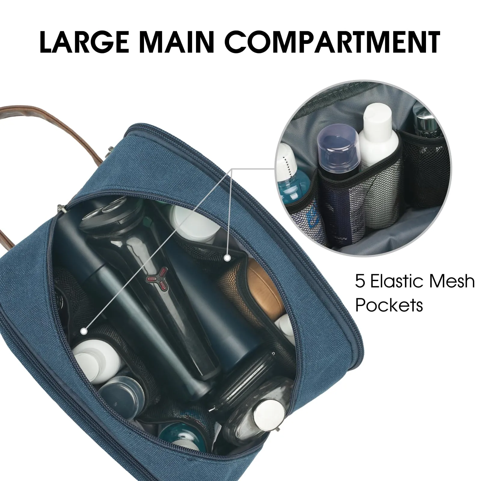 WANDF Beauty Case Uomo da Viaggio – Borsa da Toilette Impermeabile Organizer Capiente per Accessori da Barba e Igiene, con Manico Laterale (Blu) - immagine 3