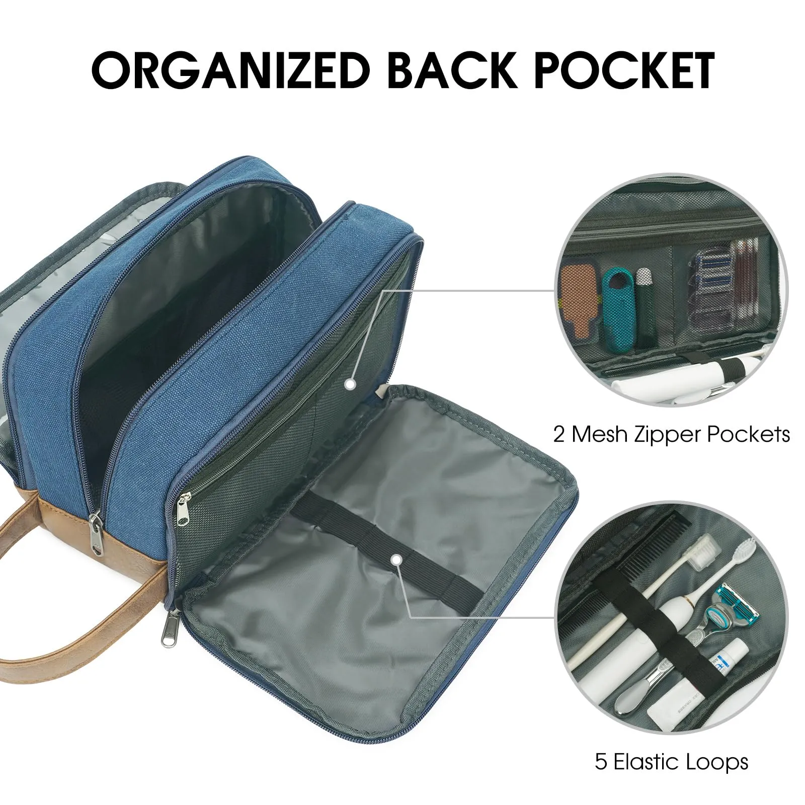 WANDF Beauty Case Uomo da Viaggio – Borsa da Toilette Impermeabile Organizer Capiente per Accessori da Barba e Igiene, con Manico Laterale (Blu) - immagine 4