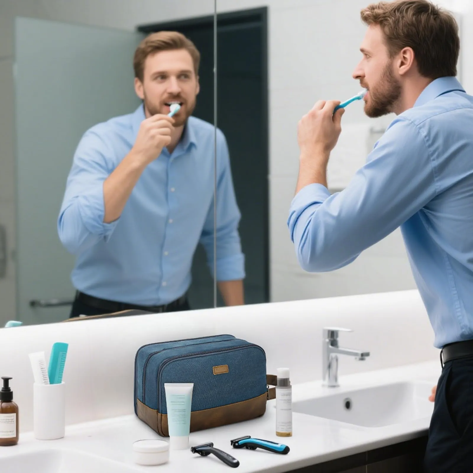 WANDF Beauty Case Uomo da Viaggio – Borsa da Toilette Impermeabile Organizer Capiente per Accessori da Barba e Igiene, con Manico Laterale (Blu) - immagine 5