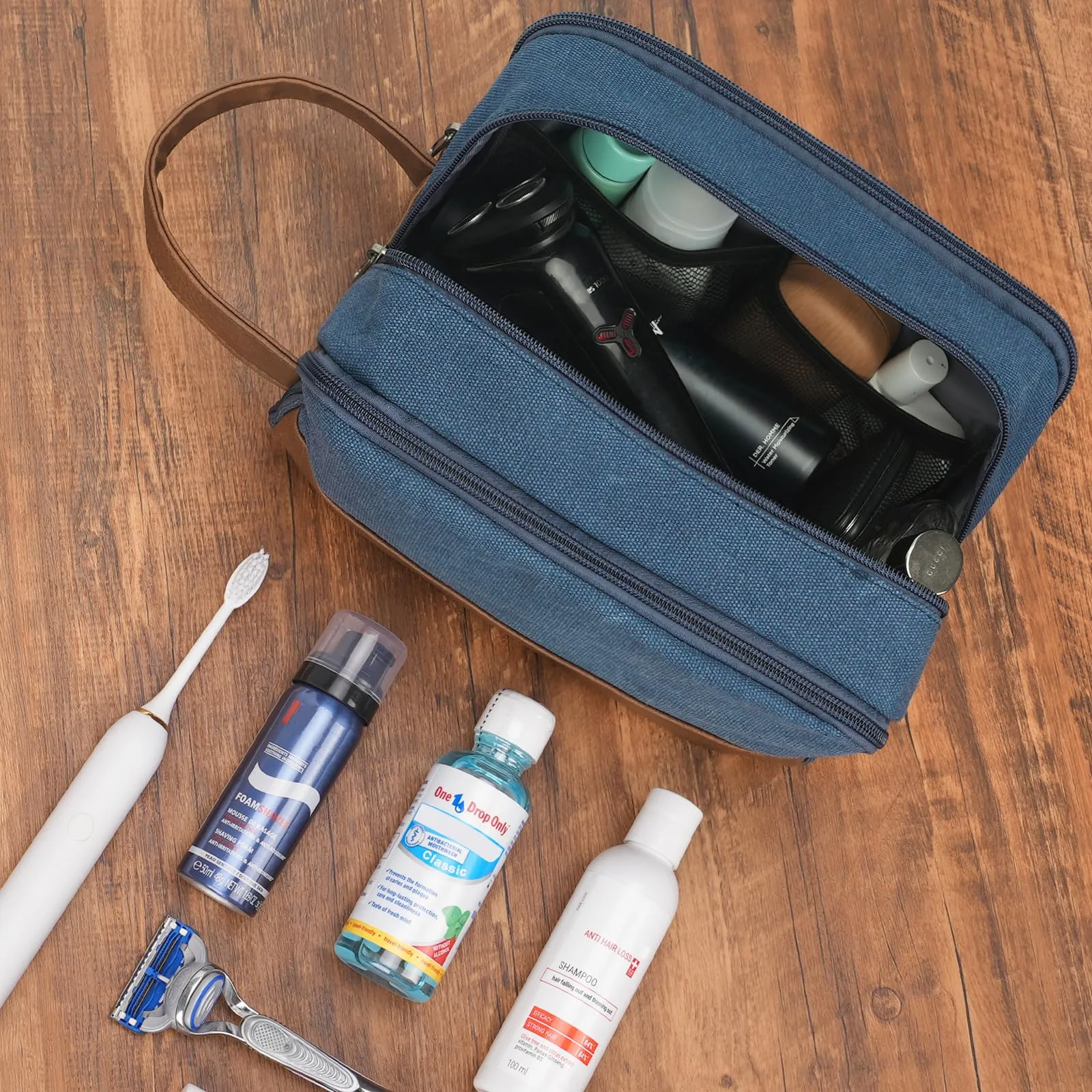 WANDF Beauty Case Uomo da Viaggio – Borsa da Toilette Impermeabile Organizer Capiente per Accessori da Barba e Igiene, con Manico Laterale (Blu) - immagine 8