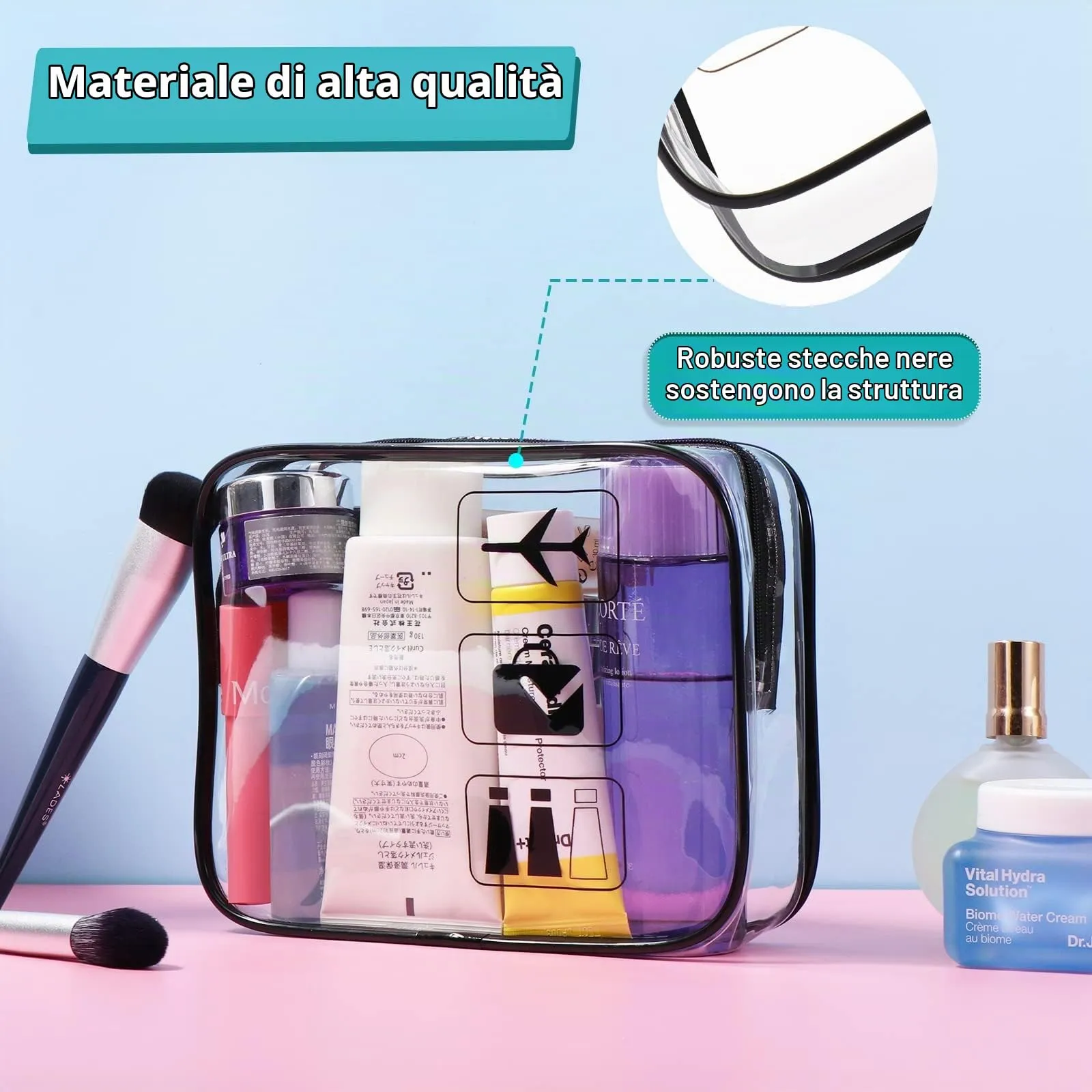 Oderra 2 Sacchetti Beauty Case Trasparente, 20.5 x 7 x 17 cm - immagine 5