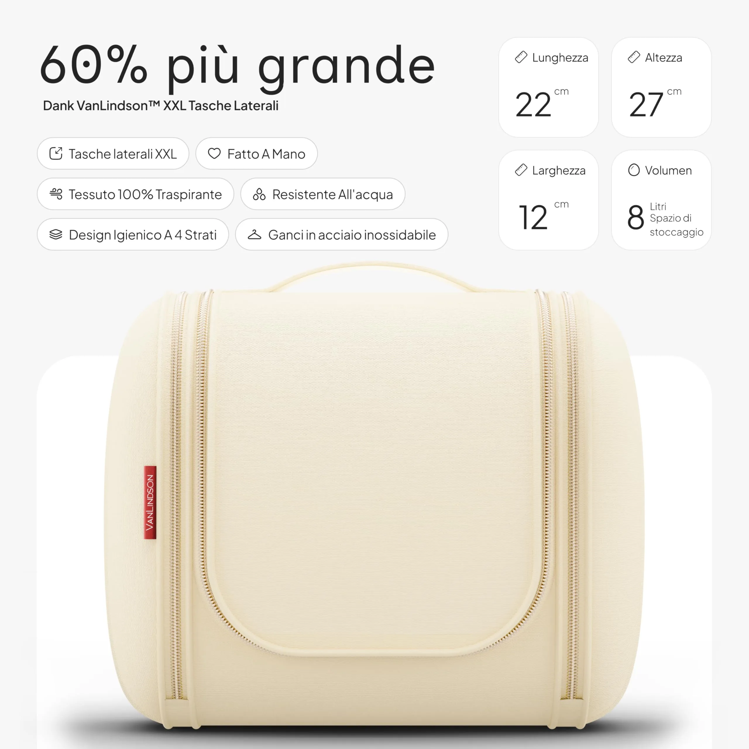 VanLindson Beauty Case da Viaggio Uomo e Donna da Appendere, 8L, Beige Crema - immagine 2