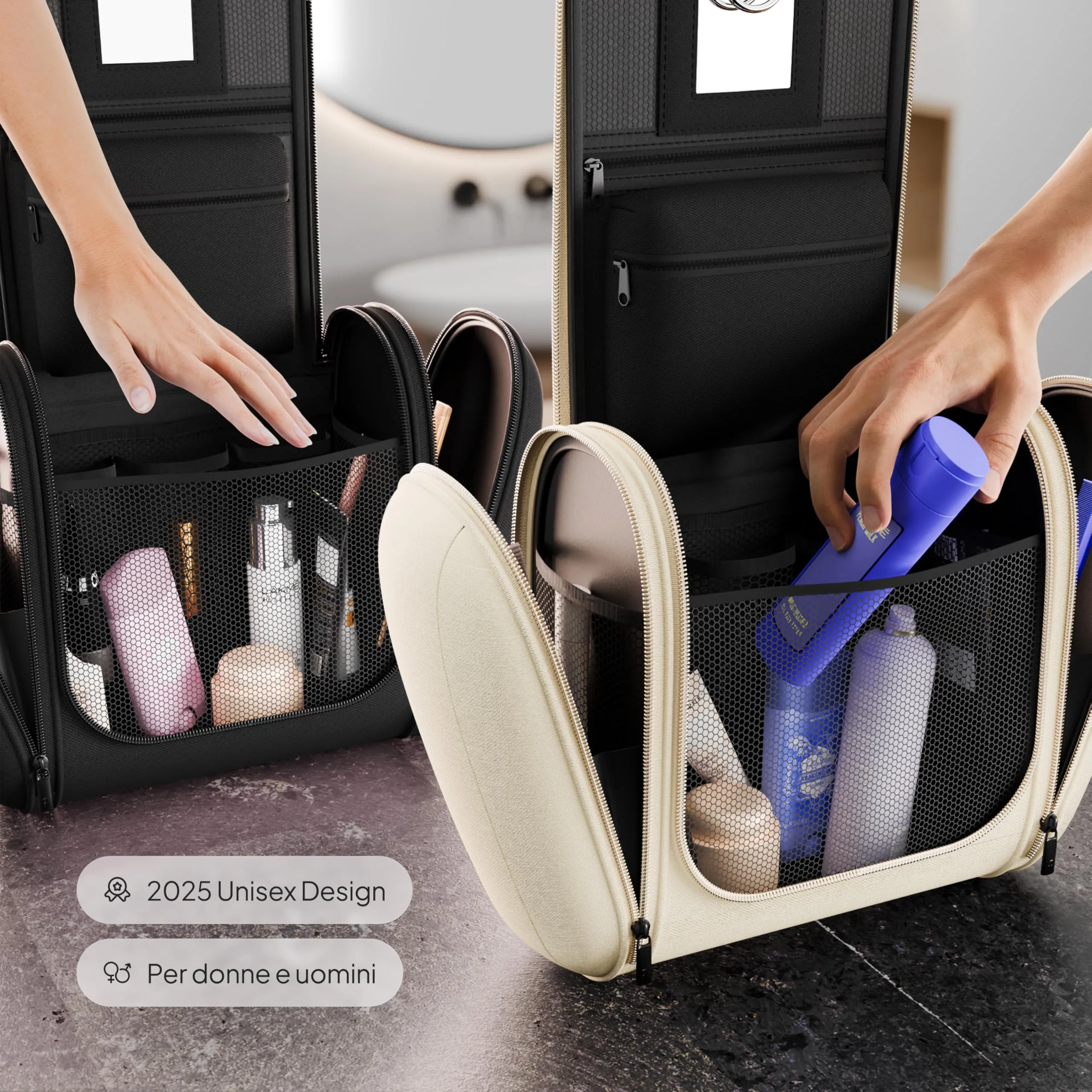 VanLindson Beauty Case da Viaggio Uomo e Donna da Appendere, 8L, Beige Crema - immagine 4