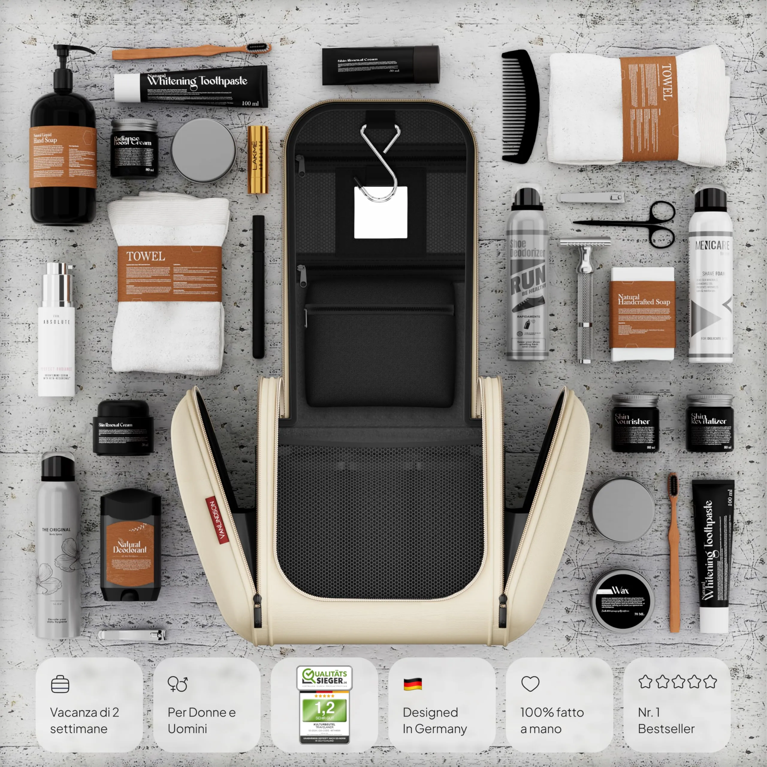 VanLindson Beauty Case da Viaggio Uomo e Donna da Appendere, 8L, Beige Crema - immagine 6