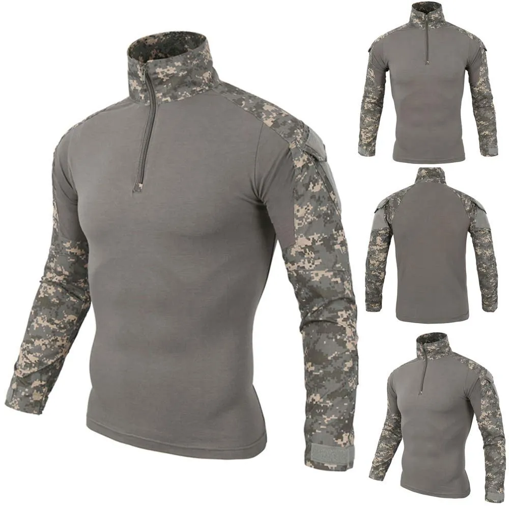 Duohropke Maglietta militare da uomo Tactical Shirt Combat Shirt Slim Fit a maniche lunghe Maglietta mimetica Paintball Airsoft Army Camicia Uniforme militare, grigio., M - immagine 2