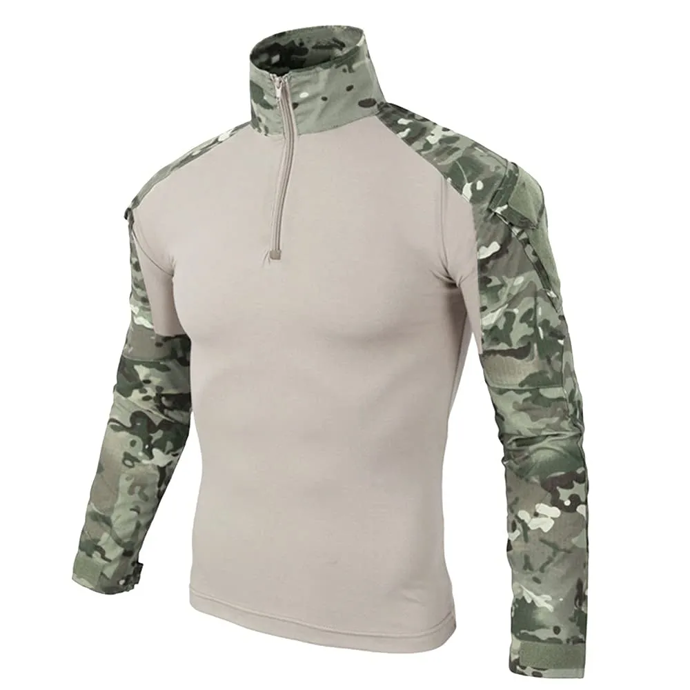 Duohropke Maglietta militare da uomo Maglietta tattica Combat Shirt Slim Fit a maniche lunghe Maglietta mimetica Paintball Airsoft Army Camicia Uniforme militare, cachi, L - immagine 1