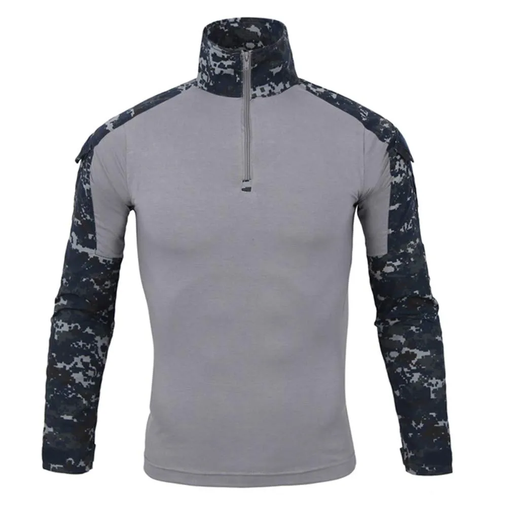 Duohropke Maglietta militare da uomo Tactical Shirt Combat Shirt Slim Fit a maniche lunghe Camouflage Shirt Paintball Airsoft Army Camicia Militare Uniforme, Blu, S - immagine 3