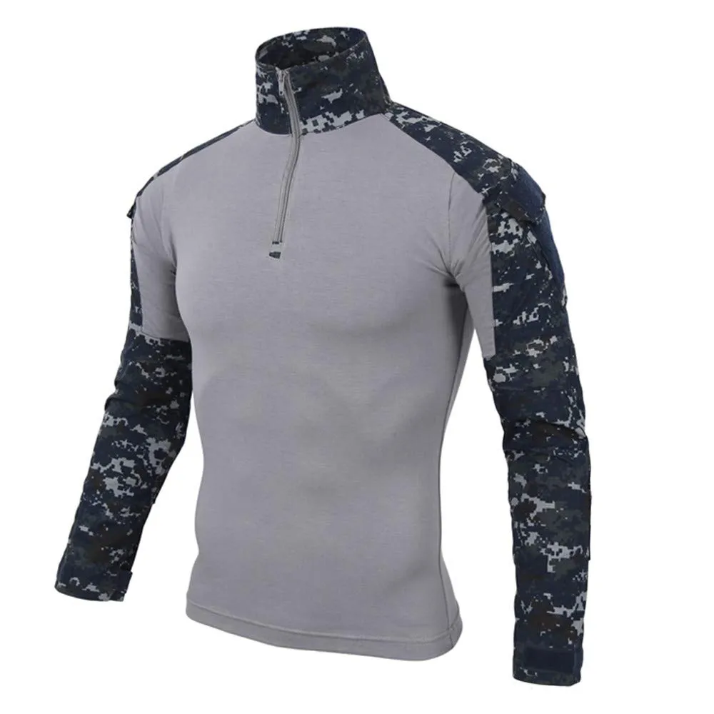 Duohropke Maglietta militare da uomo Maglietta tattica Combat Shirt Slim Fit a maniche lunghe Camouflage Shirt Paintball Airsoft Army Camicia Militare Uniforme, Blu, XL - immagine 1