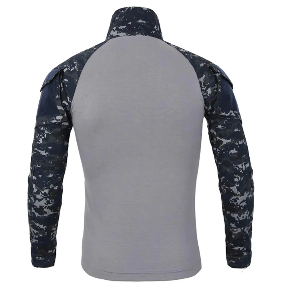 Duohropke Maglietta militare da uomo Maglietta tattica Combat Shirt Slim Fit a maniche lunghe Maglietta mimetica Paintball Airsoft Army Camicia Uniforme militare, Blu, L - immagine 2