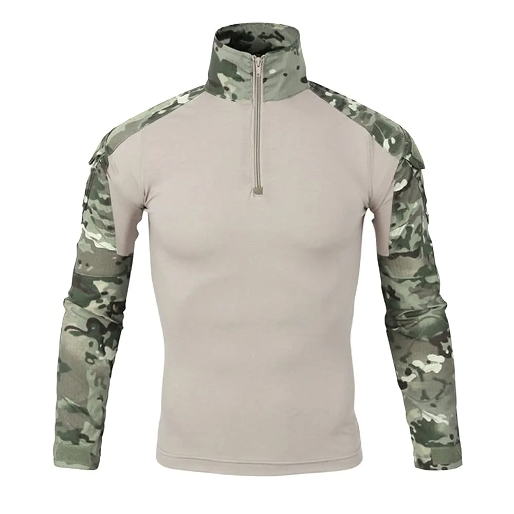 Duohropke Maglietta militare da uomo Maglietta tattica Combat Shirt Slim Fit a maniche lunghe Maglietta mimetica Paintball Airsoft Army Camicia Uniforme militare, cachi, M - immagine 2
