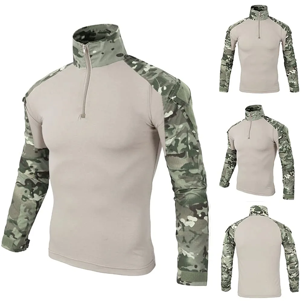 Duohropke Maglietta militare da uomo Maglietta tattica Combat Shirt Slim Fit a maniche lunghe Maglietta mimetica Paintball Airsoft Army Camicia Uniforme militare, cachi, M - immagine 4