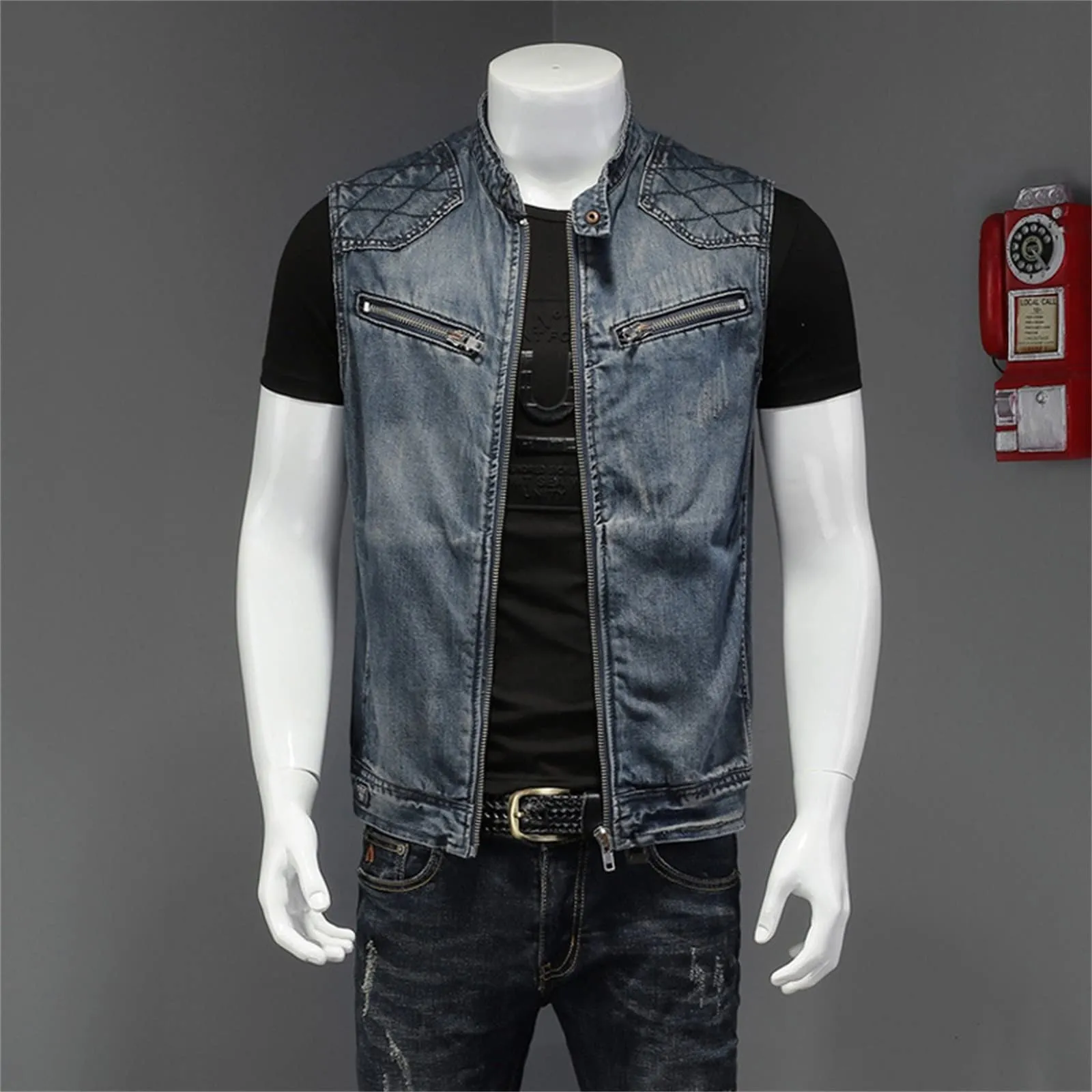 Gilet in jeans da uomo, mimetico, per il tempo libero, per fotografo, senza maniche, per attività all'aria aperta, campeggio, multi-tasca, senza maniche, gilet in jeans, G blu scuro, XXXXXXL - immagine 2