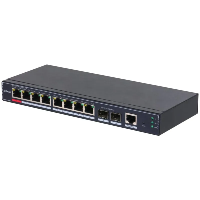 Switch di gestione Dahua SG4010P-2F Gigabit 8xRJ45 2xSFP PoE L2 senza ventola, nero - immagine 1